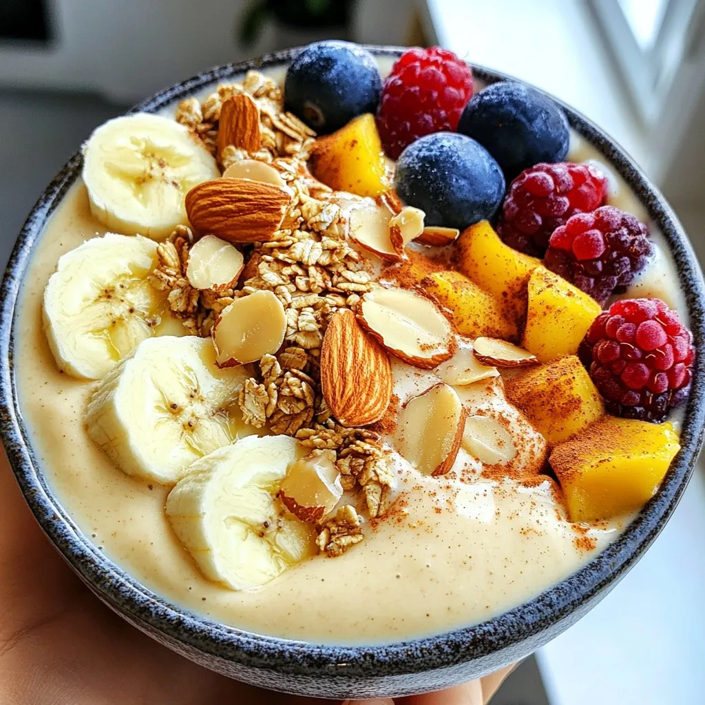 - 1 cup almond milk - 1 ripe banana, frozen - 1/2 cup rolled oats - 1/4 cup Greek yogurt (or dairy-free yogurt) - 1 tablespoon molasses The main ingredients bring the rich flavors of gingerbread to life. Almond milk adds a creamy base. A frozen banana gives natural sweetness and a smooth texture. Rolled oats provide fiber and heartiness. Greek yogurt boosts creaminess and protein. Molasses gives that deep, rich flavor we all love in gingerbread. - 1 teaspoon ground ginger - 1 teaspoon ground cinnamon - 1/2 teaspoon ground nutmeg - 1 medjool date, pitted and chopped Spices make this smoothie bowl festive. Ground ginger adds warmth and zing. Ground cinnamon brings sweetness and comfort. Nutmeg adds depth and a hint of earthiness. The medjool date acts as a natural sweetener, making every bite a treat. - Sliced almonds - Crunchy granola - Fresh banana slices - Assorted berries Toppings elevate your smoothie bowl to a new level. Sliced almonds add crunch and healthy fats. Granola gives a delightful crunch. Fresh banana slices add more sweetness and creaminess. Assorted berries bring bright colors and juicy flavor. Feel free to mix and match these toppings for a beautiful presentation. {{ingredient_image_2}} - Combine all base ingredients: - 1 cup almond milk - 1 ripe banana, frozen - 1/2 cup rolled oats - 1/4 cup Greek yogurt (or dairy-free yogurt) - 1 tablespoon molasses - 1 teaspoon ground ginger - 1 teaspoon ground cinnamon - 1/2 teaspoon ground nutmeg - 1 medjool date, pitted and chopped - 1 tablespoon chia seeds Place these ingredients in your blender. Make sure you add them in the order listed. This helps everything blend well. Blend the mixture on high speed. You want a smooth and creamy consistency. If it looks too thick, add more almond milk. If it's too thin, blend longer. Scrape down the sides of the blender as needed. This step ensures every part mixes well. Once your mixture is blended, pour it into a serving bowl. Use a spatula to smooth the top. This makes it look nice and inviting. Then, it's time for toppings! Start with sliced almonds for crunch. Add granola for a bit more texture. Slice some bananas and scatter berries on top. Finish with a sprinkle of cinnamon for that festive touch. Enjoy your beautiful gingerbread smoothie bowl right away! To get the best texture, think about how thick you want your smoothie bowl. A thicker bowl is great for topping, while a thinner one is easy to sip. For a thicker bowl, use less almond milk. For a thinner one, add more. Always blend on high. Stop to scrape the sides if needed. This helps mix everything well. Boost the flavor of your gingerbread smoothie bowl with extra spices. Consider adding cloves for a warm touch. You can also try a pinch of allspice for depth. If you want to sweeten it, think about using maple syrup or agave nectar. Both add a nice twist while keeping it healthy. Make your smoothie bowl look amazing with fun toppings. Start with sliced almonds for crunch. Add granola for another layer of texture. Layer banana slices and colorful berries on top. This makes it vibrant and appealing. For gatherings, serve it in a big bowl. Let everyone add their own toppings. This makes it fun and interactive! Pro Tips Use Fresh Spices: Freshly ground spices can elevate the flavor profile of your smoothie bowl, making it more aromatic and delicious. Customize Your Toppings: Feel free to get creative with your toppings! Try adding coconut flakes, pumpkin seeds, or even a drizzle of nut butter for added flavor and nutrition. Adjust Sweetness: Depending on your preference, you can adjust the sweetness by adding more or fewer medjool dates or a splash of maple syrup. Make It Ahead: You can prep the base of your smoothie bowl the night before and store it in the fridge. Just blend it in the morning and add your toppings! {{image_4}} You can easily make this gingerbread smoothie bowl vegan. Just use dairy-free yogurt and almond milk. Both options keep the flavor rich and creamy. If you need gluten-free options, choose certified gluten-free rolled oats. This way, everyone can enjoy this festive treat. Feel free to get creative with your smoothie bowl. You can add other fruits like mango or berries for extra sweetness. Spinach is a great choice too. It adds color and nutrients without changing the taste much. For spice fans, try adding a pinch of cloves or allspice. It gives your bowl a unique twist. Make this bowl special for the holidays. Try adding crushed candy canes or pumpkin puree to the mix. These ingredients boost the festive feel and flavor. You can also incorporate seasonal fruits like pomegranates or persimmons. They add a splash of color and taste to your bowl, making it even more inviting. You can prep your gingerbread smoothie bowl ingredients in advance. Start by measuring out your oats, chia seeds, and spices. Store them in a labeled container. Peel and slice fresh bananas, then freeze them in a single layer on a baking sheet. Once frozen, transfer them to a bag for easy access. This way, you can blend your smoothie bowl in just minutes. To keep your smoothie bowl fresh, store blended ingredients in an airtight container in the fridge. Use it within 24 hours for the best taste and texture. If you have leftover smoothie bowl mix, pour it into a container with a tight lid. You can store it in the fridge for up to two days. When ready to enjoy, stir it well. If it seems too thick, add a splash of almond milk to loosen it up. Check for any changes in smell or texture before eating. Got extra toppings? Use sliced almonds and berries on yogurt or oatmeal. You can also sprinkle granola on other breakfast dishes. For leftover Greek yogurt, mix it into smoothies or use it in dips. If you have extra spices, add them to baked goods or your morning coffee. This way, nothing goes to waste, and you enjoy more delicious creations! You can use dairy-free yogurt as a great swap. Silken tofu works too. Both options keep your smoothie bowl creamy and tasty. Yes, you can use fresh bananas. But frozen ones make the texture thicker and colder. If you go fresh, add some ice to chill your bowl. You can store it in the fridge for up to one day. Keep it in an airtight container. Stir it well before enjoying it again. Absolutely! You can prep your ingredients ahead of time. Just blend them when you’re ready to eat. This makes mornings quick and easy. Yes, you can skip the oats. If you want a smoother texture, add more banana or a scoop of nut butter. This keeps it filling and delicious. This blog post covers how to make a tasty smoothie bowl. We explored key ingredients like almond milk, frozen bananas, and Greek yogurt. I shared tips on blending smoothly for the perfect texture. You'll find presentation ideas and optional toppings for a fun touch. Remember, you can adjust flavors and add seasonal fruits to keep it fresh. Enjoy experimenting with your smoothie bowl and make it your own!