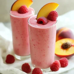 - 1 cup fresh or frozen raspberries - 1 cup fresh or frozen peach slices - 1 ripe banana, peeled and sliced - 1 cup Greek yogurt (preferably vanilla flavored) - 1 tablespoon honey or maple syrup (optional, for extra sweetness) - 1 cup almond milk (or any milk of your choice) - 1 tablespoon chia seeds (optional, for added nutritional benefits) - A handful of ice cubes (only if using fresh fruit) To make a great raspberry peach smoothie, you need fresh or frozen raspberries and peach slices. These fruits give the smoothie a sweet, tangy flavor. I love using ripe bananas because they add creaminess and natural sweetness. Greek yogurt enhances the texture, making it rich and satisfying. If you want a bit more sweetness, you can add honey or maple syrup. Almond milk helps blend everything smoothly. You can also add chia seeds for extra nutrients, like fiber and Omega-3s. If you are using fresh fruit, some ice cubes make the drink cold and refreshing. Gather these ingredients, and you are ready to create a healthy and tasty smoothie! This blend is perfect for breakfast or a snack. Enjoy the burst of flavors that come together in this delightful drink. {{ingredient_image_2}} To slice peaches, first wash them well. Cut them in half and remove the pit. Then, cut each half into thin slices. For bananas, peel them and cut them into small pieces. You can use fresh or frozen fruit for this smoothie. Fresh fruit gives a bright flavor. Frozen fruit makes the smoothie cold and creamy. Start by adding the raspberries and peach slices to the blender. Next, add the sliced banana. Pour in the Greek yogurt. If you want extra sweetness, add honey or maple syrup next. Then, add almond milk and chia seeds. If you used fresh fruit, toss in some ice cubes. Blend everything on high speed until smooth. Make sure there are no lumps left. This will give you the best texture for your smoothie. After blending, taste your smoothie. If it’s not sweet enough, add more honey or maple syrup. Blend it again to mix. You can adjust the sweetness to fit your taste. Making small changes helps you create a drink you love. Enjoy every sip of your Raspberry Peach Smoothie! For a creamier smoothie, you can try some easy swaps. If you don’t have Greek yogurt, use regular yogurt or coconut yogurt. Each option gives a different taste. To get a thicker smoothie, use less almond milk. Start with half a cup and add more if needed. Want to make your smoothie even healthier? Add some spinach or kale for extra greens. You can also toss in a scoop of protein powder. For chia seeds, one tablespoon works great. They add fiber and omega-3s. For a beautiful look, serve your smoothie in tall glasses. It makes the colors pop. You can garnish with a peach slice on the rim. Sprinkle a few whole raspberries on top for extra flair. This makes the drink even more appealing. Pro Tips Choose the Right Fruits: Use ripe and sweet fruits for the best flavor. If your peaches or raspberries aren’t sweet enough, the smoothie may need more sweetener. Texture Matters: For a creamier smoothie, opt for full-fat Greek yogurt. You can also blend in some avocado for added creaminess without altering the flavor. Customize Your Sweetness: Always taste your smoothie before serving. If it needs a bit more sweetness, add honey or maple syrup gradually to avoid over-sweetening. Add Extra Nutrition: Incorporate a scoop of protein powder or a handful of spinach to boost the nutritional profile without changing the flavor significantly. {{image_4}} To make a vegan version, you can switch the Greek yogurt. Use dairy-free yogurt made from coconut or almonds. These options provide a creamy texture and great taste. For a sweet touch, try maple syrup or agave nectar in place of honey. Both are excellent vegan sweeteners. Want to boost your smoothie with protein? Add a scoop of protein powder. You can choose plant-based or whey protein. Another way to increase protein is by adding a tablespoon of nut butter. Almond or peanut butter gives a rich flavor and healthy fats. For a fun twist, add tropical fruits like pineapple or mango. These fruits bring a bright flavor and extra vitamins. You can also adjust the sweetness by adding a bit more honey or maple syrup. This makes the smoothie taste like a sunny vacation in a glass! You can store any leftover smoothie in the fridge. Use a sealed container. It stays fresh for up to two days. To enjoy it later, give it a good shake before drinking. If you want to save it longer, consider freezing it. Pour the smoothie into ice cube trays or freezer bags. This way, you can use small portions later. Just blend with a little almond milk for a quick treat. Leftover ingredients can be fun to use in new ways. If you have extra raspberries or peaches, throw them into oatmeal or yogurt. You can also bake them into muffins. Another idea is to make a smoothie bowl. Just pour the stored smoothie into a bowl. Top it with sliced fruits, nuts, or granola. It makes for a colorful and tasty breakfast. Yes, you can use frozen fruit! Frozen raspberries and peaches work great. They make the smoothie cold and thick. Just blend them without ice. If you use fresh fruit, add ice cubes for chill. If you need a substitute for Greek yogurt, use regular yogurt. You can also try dairy-free yogurt made from almond or coconut. Silken tofu is another option. It gives a creamy texture and adds protein. This recipe makes about 2 to 3 servings. You can share it with a friend or save some for later. It’s perfect as a quick breakfast or snack. This smoothie is packed with nutrients. Each serving has about 200 calories. It includes vitamins from fruit, protein from yogurt, and healthy fats from chia seeds. The fiber helps keep you full. Yes, you can make it ahead! Blend the smoothie and store it in the fridge. It stays fresh for up to 24 hours. Just give it a good shake before drinking. Enjoy your tasty treat! You now know how to make a delicious Raspberry Peach Smoothie. We covered the main ingredients, blending steps, and ways to adjust sweetness. We explored tips for creaminess and nutrition, along with fun variations. Remember to store leftovers wisely and get creative with any extras. Smoothies are simple, tasty, and good for you. Enjoy experimenting and finding what you love most!