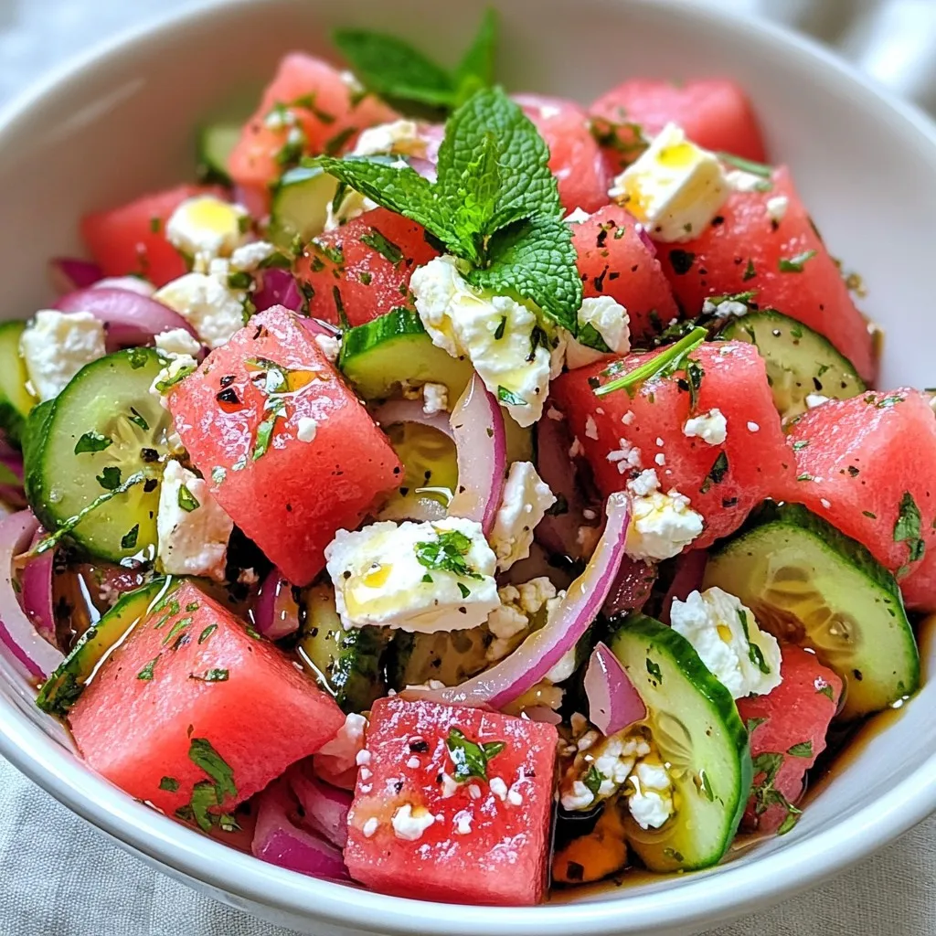 - Watermelon: You need 4 cups of ripe watermelon, cubed. This is about half of a medium-sized watermelon. Cut it into 1-inch cubes. This juicy fruit is the star of the salad. - Feta Cheese: Use 1 cup of creamy feta cheese, crumbled. This cheese adds a salty and tangy taste that pairs well with the sweet watermelon. - Additional Veggies: Slice 1/2 cucumber into thin rounds. The cucumber adds a nice crunch. You also need 1/4 of a medium red onion, thinly sliced. This will give a bit of sharpness to the mix. - Fresh Herbs: Use 1/4 cup of fresh mint leaves. Roughly chop them. The mint gives a fresh and aromatic touch. It brightens the whole salad. - Dressing Components: You will need 2 tablespoons of extra virgin olive oil and 1 tablespoon of rich balsamic glaze. Whisk them together for a tasty dressing that ties the salad together. These ingredients create a colorful and refreshing dish perfect for summer. Each bite will burst with flavor and leave you wanting more. {{ingredient_image_2}} Start with a ripe watermelon. Cut it into 1-inch cubes. You can use a sharp knife for this. Place the cubes in a large mixing bowl. The watermelon is the star of this dish. Its sweet, juicy flavor shines through in every bite. Next, add the crumbled feta cheese on top. It should be creamy and salty. Then, thinly slice the cucumber into rounds. Add the cucumber and the thin red onion rings to the bowl. Both add a nice crunch and flavor. Don’t forget the fresh mint leaves! Tear them roughly and scatter them over the salad. The mint gives a fresh taste. In a small bowl, whisk together the olive oil and balsamic glaze. You want them to blend well together. This dressing adds depth to the salad. It brings out the flavors of the watermelon and feta. Now, drizzle the dressing over the salad. Be sure to cover everything evenly. Next, gently toss the salad with a spatula. Mix it well but be careful not to break the feta. You want those creamy chunks to stay intact. Finally, season with salt and cracked black pepper. Give it one last gentle toss. Your watermelon feta salad is now ready to enjoy! To find the best watermelon, look for a deep green color. A ripe watermelon feels heavy for its size. Check for a yellow spot on the bottom. This spot shows it ripened on the ground. Tap the melon and listen for a hollow sound. This means it's juicy and sweet. Avoid any with bruises or soft spots. A good watermelon should have a smooth, firm skin. For slicing vegetables, use a sharp knife. Start with the cucumber. Cut it in half lengthwise, then slice it into rounds. For the red onion, place it flat on the cutting board. Slice thin rings, starting from the root to the top. This keeps the onion together while cutting. Always keep your fingers tucked in while slicing. This helps avoid any cuts. Serve your salad in a large glass bowl for a stunning look. The clear bowl shows off the bright colors of the salad. Garnish with extra mint leaves on top for a fresh touch. Drizzle a bit more balsamic glaze just before serving. This adds a beautiful shine and extra flavor. Consider using a large serving spoon for easy scooping. Enjoy how the colors and flavors come together! Pro Tips Choose the Right Watermelon: Select a watermelon that feels heavy for its size and has a uniform shape; this indicates ripeness and juiciness. Chill Before Serving: For an even more refreshing experience, chill the watermelon cubes and feta cheese in the refrigerator for at least an hour before assembling the salad. Experiment with Flavors: Consider adding a sprinkle of chili flakes or a splash of lime juice for an extra kick of flavor that complements the sweetness of the watermelon. Perfect Presentation: Layer the ingredients in the bowl rather than mixing them all at once for a beautiful layered effect that showcases the vibrant colors. {{image_4}} You can easily add different fruits to the Watermelon Feta Salad. Berries like strawberries or blueberries pair well with the watermelon. They bring sweetness and color. You can also try citrus fruits like oranges or grapefruit. Their zest adds a nice tang to the dish. Mixing these fruits adds layers of flavor and fun! If you want a vegan option, you can replace feta cheese. Look for vegan feta made from nuts or tofu. It has a similar creamy texture and flavor. Crumbled avocado is another great choice. It adds a smooth richness without dairy. These options keep the salad tasty and light. You can switch up the dressing for your salad. Try flavored oils like garlic-infused or basil oil. These add extra taste and depth. You can also use different vinegars like red wine or apple cider. They bring a unique twist to the classic balsamic glaze. Experimenting with dressings helps you find your perfect mix! When you have leftover Watermelon Feta Salad, store it in a sealed container. Use a glass or plastic container to keep it fresh. Make sure to keep the dressing separate if you want to enjoy it later. This helps prevent sogginess. You can mix the dressing in just before you serve the salad again. Keep the salad in the fridge for the best taste. The Watermelon Feta Salad stays fresh for about 2 to 3 days in the fridge. After that, the watermelon may start to lose its texture. The cucumber and feta could also become mushy. If you notice any off smells or colors, it’s best to toss it out. Eating fresh food is key to enjoying this dish at its best. You don’t need to reheat Watermelon Feta Salad. The fresh taste is what makes it special. If you stored leftovers, just take them out of the fridge and give them a gentle toss. If the salad seems too cold, let it sit for a few minutes before enjoying. This way, the flavors can come alive again. Remember, this salad tastes best when fresh! Yes, you can make the salad ahead of time. However, the best way is to prepare the ingredients separately. Cut the watermelon, cucumber, and onion, then store each in a container in the fridge. This keeps things fresh. Just mix them together when you are ready to serve. The mint and dressing should be added last. This way, your salad stays crisp and tasty. Watermelon feta salad pairs well with many dishes. Here are some great options: - Grilled chicken or shrimp for protein. - Quinoa or couscous for a hearty side. - Fresh bread to soak up the dressing. - A light white wine or sparkling water for a refreshing drink. These pairings enhance the flavors and make a lovely meal. Yes, this salad is quite healthy! It has many good ingredients: - Watermelon is full of water and vitamins. - Feta cheese provides protein and calcium. - Cucumbers are low in calories and hydrating. - Mint adds flavor without extra calories. Overall, this salad is a great choice for a light meal or side dish. Absolutely! You can change the ingredients to suit your taste. Here are some ideas: - Add berries like strawberries or blueberries for extra sweetness. - Swap feta for a vegan cheese if you prefer. - Mix in nuts like walnuts or almonds for crunch. - Use different herbs like basil or parsley for a new flavor. Feel free to get creative! We explored how to make a delicious Watermelon Feta Salad. You learned about the key ingredients, including watermelon, feta cheese, fresh veggies, herbs, and a tasty dressing. I shared step-by-step instructions, tips for making it perfect, and ideas for variations. Lastly, we discussed storage and answered common questions about this dish. This salad is simple, fresh, and great for any meal. Enjoy making it your own!