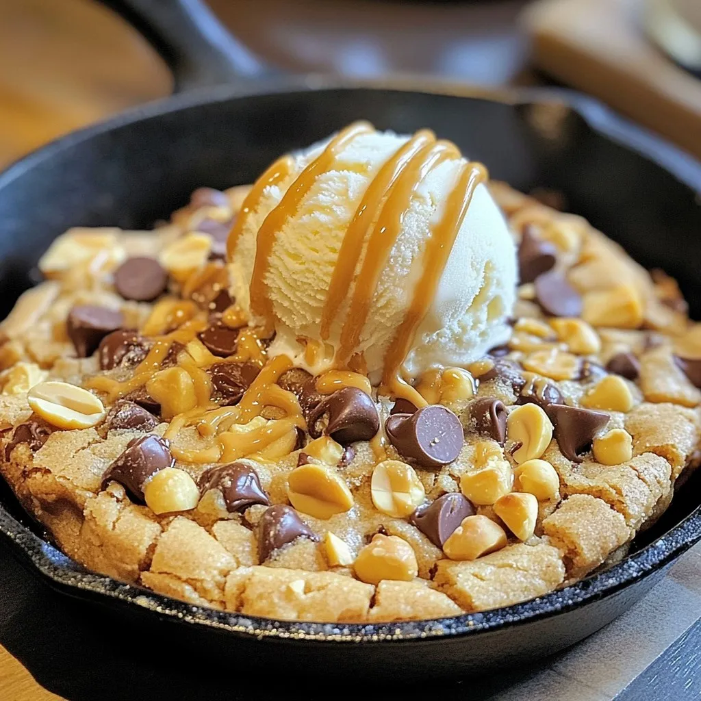 To make this tasty peanut butter chocolate chip skillet cookie, you will need: - 1 cup creamy or crunchy peanut butter - ½ cup packed brown sugar - ¼ cup granulated sugar - 1 large egg - 1 teaspoon pure vanilla extract - 1 teaspoon baking soda - ½ teaspoon sea salt - 1 cup semi-sweet chocolate chips For added texture and flavor, consider these optional ingredients: - ¼ cup chopped peanuts (adds delightful crunch) Make sure you have these tools ready: - 10-inch cast-iron skillet or oven-safe baking dish - Medium mixing bowl - Small bowl for dry ingredients - Hand mixer or whisk - Spatula for spreading the dough - Measuring cups and spoons {{ingredient_image_2}} Start by preheating your oven to 350°F (175°C). This step is key for even baking. A hot oven helps the cookie rise and bake nicely. In a medium bowl, mix 1 cup of peanut butter, ½ cup of brown sugar, and ¼ cup of granulated sugar. Use a hand mixer or whisk to blend until smooth. Next, crack in 1 large egg and add 1 teaspoon of vanilla extract. Beat these together until light and creamy. In another small bowl, whisk 1 teaspoon of baking soda and ½ teaspoon of sea salt. Gradually add this mix to the peanut butter blend. Stir gently until just combined. Be careful not to over-mix. This keeps your cookie tender. Now fold in 1 cup of semi-sweet chocolate chips and ¼ cup of chopped peanuts if you like a crunch. Grease a 10-inch cast-iron skillet or an oven-safe dish with cooking spray or softened butter. Spoon the dough into the skillet, spreading it evenly. Place the skillet in the preheated oven. Bake for 20-25 minutes. The edges should be golden brown, while the center stays soft and gooey. After baking, take the skillet out of the oven. Let it cool for about 10 minutes. This helps the cookie set, making it easier to cut. Serve warm, topped with vanilla ice cream that melts into the cookie. Drizzle some peanut butter on top and add a sprinkle of chopped peanuts for the perfect finish. Enjoy your Peanut Butter Chocolate Chip Skillet Cookie! To get the right texture, mix well but don’t overdo it. When you add the dry mix, stop mixing as soon as you see no flour. This keeps the cookie soft. Bake it until the edges are golden but the center is slightly gooey. This balance makes each bite amazing. You can use creamy or crunchy peanut butter. Creamy gives a smooth feel, while crunchy adds fun bites. If you want a richer taste, go for natural peanut butter. Just check for added sugar or oils. The flavor will shine through your cookie. Serve your skillet cookie warm for the best taste. Top it with a scoop of vanilla ice cream that melts into the cookie. Drizzle more peanut butter on top for extra flavor. For a bit of crunch, sprinkle some chopped peanuts as a finish. This makes your dessert a showstopper. Pro Tips Use Room Temperature Ingredients: Allow your egg and peanut butter to reach room temperature for a smoother batter, ensuring better incorporation of ingredients. Don’t Overbake: Keep an eye on the skillet cookie; it should be slightly underbaked in the center for that gooey texture. The edges should be golden brown for the perfect finish. Experiment with Mix-ins: Try adding different types of chocolate chips or nuts for a unique twist. Dark chocolate or white chocolate can add a delightful contrast to the peanut butter. Serve Warm: For the best experience, serve the skillet cookie warm with ice cream. The heat will melt the ice cream, creating a deliciously indulgent dessert. {{image_4}} You can make this skillet cookie nut-free. Just swap peanut butter for sun butter or soy nut butter. These options give a similar taste and texture. You can still enjoy all the sweetness and chocolate goodness! Want to mix things up? Add a teaspoon of cinnamon for warmth. You can also try a splash of almond extract instead of vanilla for a twist. If you like coconut, sprinkle in some sweetened shredded coconut. These changes give your cookie a new spin! To make this cookie gluten-free, use a gluten-free flour blend. Replace the baking soda with baking powder to ensure it rises well. Just check that your chocolate chips are also gluten-free. Now, you can enjoy a delicious cookie, gluten-free! After you enjoy your peanut butter chocolate chip skillet cookie, store any leftovers. Let the cookie cool completely first. Then, place it in an airtight container. Keep it at room temperature for up to two days. If you want it to last longer, store it in the fridge. You can wrap it tightly with plastic wrap for added protection. To reheat your skillet cookie, preheat your oven to 350°F (175°C). Cut a piece of the cookie and place it on a baking sheet. Heat for about 5 to 10 minutes. This warms it up and makes it soft again. You can also use the microwave. Just heat a slice for 15 to 20 seconds. Your peanut butter chocolate chip skillet cookie can last up to a week in the fridge. It keeps well if stored properly. The texture may change slightly over time, but it will still taste great. If you want to enjoy it later, consider freezing it. Cut it into slices and wrap each piece in plastic wrap. Place them in a freezer bag to keep them fresh. They can last up to three months in the freezer. Yes, you can use natural peanut butter. It adds a rich flavor. Just remember, it may change the cookie's texture a bit. Natural peanut butter can be thinner. If you use it, the cookie may spread more. You might need to adjust the baking time, too. The skillet cookie is done when the edges turn golden brown. The center should look soft and slightly gooey. It should not look wet or raw. After baking, let it cool for about 10 minutes. This helps it set and makes cutting easier. Yes, you can make the dough ahead of time. Store it in the fridge for up to 24 hours. Just cover it tightly to keep it fresh. When you're ready, bake it straight from the fridge. You may need to add a few extra minutes to the baking time. - What to do with leftovers? If you have leftovers, store them in an airtight container. They can last for about 3 days at room temperature. For longer storage, keep them in the fridge for up to a week. You can reheat slices in the microwave for a warm treat. Enjoy it with a scoop of ice cream for a yummy dessert! This blog post covered key ingredients and useful tools for your skillet cookie. I shared step-by-step instructions, tips, and variations to suit all needs. You learned about storage and reheating for leftovers. Enjoy your cookie adventure, whether you try it nut-free or gluten-free. Flexible recipes make baking fun. You now have the knowledge to bake a delicious skillet cookie any time!