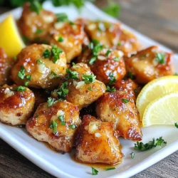 - 1 lb chicken breast, cut into bite-sized pieces - 4 tablespoons unsalted butter - 5 cloves garlic, minced - 1 teaspoon dried thyme - 1 teaspoon paprika - Salt and pepper to taste - 2 tablespoons fresh parsley, chopped (for garnish) - Juice of 1 lemon - 1 tablespoon olive oil In this garlic butter chicken bites recipe, the main star is the chicken. I recommend using fresh chicken breast for the best taste. The butter adds richness, while garlic gives it a nice kick. The thyme and paprika bring warm flavors that make this dish special. - Additional spices (e.g., onion powder, cayenne pepper for heat) - Alternative garnishes (e.g., green onions, herbs) Feel free to get creative! Adding spices like onion powder can give it a different flavor. If you like heat, cayenne pepper is a great choice. For garnishing, try green onions or other herbs to brighten up your dish. {{ingredient_image_2}} - Seasoning the chicken: Start by placing the chicken pieces in a large bowl. Add salt, pepper, paprika, and dried thyme. Mix well to coat each piece evenly. This step gives the chicken great flavor. - Heating the skillet: In a large skillet, pour in one tablespoon of olive oil and two tablespoons of unsalted butter. Set your heat to medium. Wait until the butter melts and foams. This creates a base for cooking the chicken. - Searing the chicken bites: Once the butter is hot, add the seasoned chicken to the skillet. Make sure to lay them in a single layer. Let them cook for five to six minutes without stirring. This helps them become golden brown on one side. - Adding garlic and finishing cooking: After searing, use tongs to flip the chicken. Add the remaining butter and the minced garlic to the skillet. Stir often for four to five minutes. The garlic should smell great, and the chicken needs to be fully cooked. - Adding lemon juice: Take the skillet off the heat. Squeeze the juice of one lemon over the chicken bites. Gently toss them to mix in the lemon juice. This adds a fresh flavor that brightens the dish. - Garnishing and plating tips: Transfer the chicken bites to a serving dish. Sprinkle with chopped parsley for color. For a nice touch, add lemon wedges around the chicken. This makes the dish look appealing and ready to serve. How to properly sear chicken To sear chicken well, first, ensure your skillet is hot. Add oil and let it heat up. Place the chicken in a single layer to avoid steaming. Resist the urge to move it around too much. Let it cook undisturbed for about 5-6 minutes. This helps create a nice golden crust. Flip it only when the bottom is brown. Tips to avoid burning garlic Garlic can burn fast, so add it after the chicken has seared. Cook it on medium heat. Stir it often to keep it from sticking. As soon as you smell its strong aroma, remove it from the heat. This way, you keep the garlic’s flavor without the bitter taste of burnt pieces. Substituting ingredients for different flavors You can switch up the spices for new tastes. For a spicy kick, add cayenne pepper. If you like a bit of sweetness, try using honey or brown sugar. Each change can bring a new flavor to the dish. Be bold and mix in your favorites! Adding vegetables for a one-pan meal You can easily make this dish a complete meal. Add vegetables like bell peppers, zucchini, or broccoli. Toss them in right after the chicken. This adds color and crunch while cooking. Plus, you get more nutrition in every bite! Pro Tips Perfect Your Seasoning: Always taste your seasoning before cooking. This ensures that the chicken bites are flavorful and well-balanced. Butter Temperature Matters: Make sure the butter is bubbling but not browning when you add the chicken to avoid burning the garlic later. Use Fresh Ingredients: Fresh garlic and herbs will elevate the flavor of your dish significantly compared to dried alternatives. Let It Rest: Allow the chicken bites to rest for a few minutes after cooking. This helps retain their juices and enhances the flavor. {{image_4}} You can easily adjust this recipe for different diets. For gluten-free options, use gluten-free soy sauce. It adds great flavor without the gluten. You can also replace butter with coconut oil for a dairy-free version. If you want low-carb alternatives, try using chicken thighs. They have more fat and flavor. You can also serve the chicken bites over a bed of cauliflower rice. This keeps the dish tasty and low in carbs. You can create fun flavor twists with this recipe. For an Asian-inspired version, add soy sauce and ginger. This gives the chicken a savory and warm taste. Just mix in 1 tablespoon of soy sauce and a teaspoon of grated ginger when you add the garlic. Another great twist is a Mediterranean flavor. Add olives and feta cheese. This makes the dish bright and tangy. Just toss in 1/4 cup of sliced olives and 1/2 cup of crumbled feta during the last minute of cooking. These small changes keep the dish exciting and full of flavor. To store leftovers, let the chicken bites cool first. Then, place them in an airtight container. You can keep them in the fridge for up to three days. When you're ready to enjoy them again, reheat in a skillet over medium heat. This method keeps them juicy. Stir often to help them heat evenly. You can also use a microwave, but the skillet is best for taste. For freezing cooked chicken bites, let them cool completely. Pack them in a freezer-safe bag or container. Squeeze out as much air as possible to prevent freezer burn. They will stay good for about three months. When you're ready to eat, thaw them overnight in the fridge. You can also use the microwave to thaw them quickly. Just be sure to check that they are warm all the way through before serving. Can I use chicken thighs instead of breasts? Yes, you can use chicken thighs. They are juicy and full of flavor. Just cut them into bite-sized pieces, like you would with chicken breasts. They may take a bit longer to cook. What can I substitute for butter? You can use olive oil or coconut oil. Both will add flavor without changing the dish too much. If you want a buttery taste, try using ghee or vegan butter. How can I tell when chicken bites are fully cooked? The chicken is done when it reaches 165°F (75°C) inside. You can cut a piece in half to check. It should be white and juicy, not pink. What if I don’t have a skillet? A non-stick pan or a wok works well too. You can even use a baking dish in the oven. Just adjust the cooking time to ensure the chicken cooks through. What sides pair well with garlic butter chicken bites? Rice or mashed potatoes make great sides. You can also serve them with a fresh salad or steamed veggies for a balanced meal. Can I make a sauce to serve with it? Yes! You can mix lemon juice with yogurt or sour cream. Adding herbs like dill or parsley can enhance the sauce. This adds a fresh touch to your dish. In this post, I covered how to make delicious garlic butter chicken bites. You learned about the ingredients and step-by-step cooking process. I shared tips for best results and several tasty variations. You can also find storage info and FAQs to help you. Now, it’s time for you to try this recipe. Enjoy your cooking and share the results!