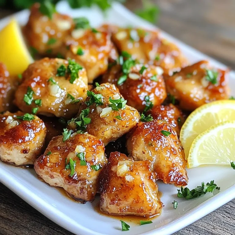 - 1 lb chicken breast, cut into bite-sized pieces - 4 tablespoons unsalted butter - 5 cloves garlic, minced - 1 teaspoon dried thyme - 1 teaspoon paprika - Salt and pepper to taste - 2 tablespoons fresh parsley, chopped (for garnish) - Juice of 1 lemon - 1 tablespoon olive oil In this garlic butter chicken bites recipe, the main star is the chicken. I recommend using fresh chicken breast for the best taste. The butter adds richness, while garlic gives it a nice kick. The thyme and paprika bring warm flavors that make this dish special. - Additional spices (e.g., onion powder, cayenne pepper for heat) - Alternative garnishes (e.g., green onions, herbs) Feel free to get creative! Adding spices like onion powder can give it a different flavor. If you like heat, cayenne pepper is a great choice. For garnishing, try green onions or other herbs to brighten up your dish. {{ingredient_image_2}} - Seasoning the chicken: Start by placing the chicken pieces in a large bowl. Add salt, pepper, paprika, and dried thyme. Mix well to coat each piece evenly. This step gives the chicken great flavor. - Heating the skillet: In a large skillet, pour in one tablespoon of olive oil and two tablespoons of unsalted butter. Set your heat to medium. Wait until the butter melts and foams. This creates a base for cooking the chicken. - Searing the chicken bites: Once the butter is hot, add the seasoned chicken to the skillet. Make sure to lay them in a single layer. Let them cook for five to six minutes without stirring. This helps them become golden brown on one side. - Adding garlic and finishing cooking: After searing, use tongs to flip the chicken. Add the remaining butter and the minced garlic to the skillet. Stir often for four to five minutes. The garlic should smell great, and the chicken needs to be fully cooked. - Adding lemon juice: Take the skillet off the heat. Squeeze the juice of one lemon over the chicken bites. Gently toss them to mix in the lemon juice. This adds a fresh flavor that brightens the dish. - Garnishing and plating tips: Transfer the chicken bites to a serving dish. Sprinkle with chopped parsley for color. For a nice touch, add lemon wedges around the chicken. This makes the dish look appealing and ready to serve. How to properly sear chicken To sear chicken well, first, ensure your skillet is hot. Add oil and let it heat up. Place the chicken in a single layer to avoid steaming. Resist the urge to move it around too much. Let it cook undisturbed for about 5-6 minutes. This helps create a nice golden crust. Flip it only when the bottom is brown. Tips to avoid burning garlic Garlic can burn fast, so add it after the chicken has seared. Cook it on medium heat. Stir it often to keep it from sticking. As soon as you smell its strong aroma, remove it from the heat. This way, you keep the garlic’s flavor without the bitter taste of burnt pieces. Substituting ingredients for different flavors You can switch up the spices for new tastes. For a spicy kick, add cayenne pepper. If you like a bit of sweetness, try using honey or brown sugar. Each change can bring a new flavor to the dish. Be bold and mix in your favorites! Adding vegetables for a one-pan meal You can easily make this dish a complete meal. Add vegetables like bell peppers, zucchini, or broccoli. Toss them in right after the chicken. This adds color and crunch while cooking. Plus, you get more nutrition in every bite! Pro Tips Perfect Your Seasoning: Always taste your seasoning before cooking. This ensures that the chicken bites are flavorful and well-balanced. Butter Temperature Matters: Make sure the butter is bubbling but not browning when you add the chicken to avoid burning the garlic later. Use Fresh Ingredients: Fresh garlic and herbs will elevate the flavor of your dish significantly compared to dried alternatives. Let It Rest: Allow the chicken bites to rest for a few minutes after cooking. This helps retain their juices and enhances the flavor. {{image_4}} You can easily adjust this recipe for different diets. For gluten-free options, use gluten-free soy sauce. It adds great flavor without the gluten. You can also replace butter with coconut oil for a dairy-free version. If you want low-carb alternatives, try using chicken thighs. They have more fat and flavor. You can also serve the chicken bites over a bed of cauliflower rice. This keeps the dish tasty and low in carbs. You can create fun flavor twists with this recipe. For an Asian-inspired version, add soy sauce and ginger. This gives the chicken a savory and warm taste. Just mix in 1 tablespoon of soy sauce and a teaspoon of grated ginger when you add the garlic. Another great twist is a Mediterranean flavor. Add olives and feta cheese. This makes the dish bright and tangy. Just toss in 1/4 cup of sliced olives and 1/2 cup of crumbled feta during the last minute of cooking. These small changes keep the dish exciting and full of flavor. To store leftovers, let the chicken bites cool first. Then, place them in an airtight container. You can keep them in the fridge for up to three days. When you're ready to enjoy them again, reheat in a skillet over medium heat. This method keeps them juicy. Stir often to help them heat evenly. You can also use a microwave, but the skillet is best for taste. For freezing cooked chicken bites, let them cool completely. Pack them in a freezer-safe bag or container. Squeeze out as much air as possible to prevent freezer burn. They will stay good for about three months. When you're ready to eat, thaw them overnight in the fridge. You can also use the microwave to thaw them quickly. Just be sure to check that they are warm all the way through before serving. Can I use chicken thighs instead of breasts? Yes, you can use chicken thighs. They are juicy and full of flavor. Just cut them into bite-sized pieces, like you would with chicken breasts. They may take a bit longer to cook. What can I substitute for butter? You can use olive oil or coconut oil. Both will add flavor without changing the dish too much. If you want a buttery taste, try using ghee or vegan butter. How can I tell when chicken bites are fully cooked? The chicken is done when it reaches 165°F (75°C) inside. You can cut a piece in half to check. It should be white and juicy, not pink. What if I don’t have a skillet? A non-stick pan or a wok works well too. You can even use a baking dish in the oven. Just adjust the cooking time to ensure the chicken cooks through. What sides pair well with garlic butter chicken bites? Rice or mashed potatoes make great sides. You can also serve them with a fresh salad or steamed veggies for a balanced meal. Can I make a sauce to serve with it? Yes! You can mix lemon juice with yogurt or sour cream. Adding herbs like dill or parsley can enhance the sauce. This adds a fresh touch to your dish. In this post, I covered how to make delicious garlic butter chicken bites. You learned about the ingredients and step-by-step cooking process. I shared tips for best results and several tasty variations. You can also find storage info and FAQs to help you. Now, it’s time for you to try this recipe. Enjoy your cooking and share the results!