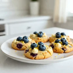 For these cookies, you need 1 cup of cream cheese and 1/2 cup of unsalted butter. Make sure both are softened to room temperature. This helps them mix easily and creates a smooth dough. You will use 1 cup of granulated sugar and 1/4 cup of packed brown sugar. These sugars add sweetness and flavor. You also need 1 large egg at room temperature. The egg helps bind the ingredients together. Lemon is key in this recipe. You will need the zest of 1 medium lemon and 2 tablespoons of freshly squeezed lemon juice. The zest adds a strong lemon flavor, while the juice gives a nice balance of tartness. For the dry mix, measure 2 cups of all-purpose flour. Add 1/2 teaspoon of baking soda, 1/4 teaspoon of baking powder, and 1/4 teaspoon of fine salt. These ingredients help the cookies rise and give them a good texture. You should include 1 cup of fresh blueberries. If you only have frozen berries, those work too if they are thawed. For an extra treat, you can add 1/2 cup of white chocolate chips. They add a sweet and creamy taste that pairs well with the lemon and blueberry. {{ingredient_image_2}} Start by preheating your oven to 350°F (175°C). This step gets your oven ready for baking. Line a baking sheet with parchment paper. This makes cleanup easy and stops the cookies from sticking. In a large bowl, mix the softened cream cheese and unsalted butter. Use an electric mixer to blend them until smooth and creamy. Gradually add the granulated sugar and brown sugar. Keep mixing until the mixture is light and fluffy, which takes about 2-3 minutes. Next, crack in the large egg. Add the vanilla extract, lemon zest, and lemon juice. Blend these ingredients until they are fully combined and smooth. In another bowl, whisk together the all-purpose flour, baking soda, baking powder, and fine salt. Make sure everything is evenly mixed. This step is important for the cookies to rise and have the right texture. Now, slowly add the dry mixture to the wet mixture. Fold gently using a spatula until just combined. Be careful not to overmix, as this can make the cookies tough. Next, fold in the fresh blueberries. If you want extra sweetness, add the white chocolate chips too. Make sure they are evenly spread throughout the dough. Using a tablespoon or cookie scoop, drop rounded portions of dough onto your prepared baking sheet. Space them about 2 inches apart for even baking. Place the baking sheet in the oven and bake for 10-12 minutes. The edges should be lightly golden brown. The centers may look slightly underbaked, but this helps make them chewy. After baking, let the cookies cool on the baking sheet for 5 minutes. Then, move them to a wire rack to cool completely. To make sure your cookies come out soft and chewy, follow these tips: - Use room temperature cream cheese and butter. This helps mix them well. - Don’t overmix the dough. Overmixing can make your cookies tough. - Bake until the edges are golden. The centers should look a bit underbaked. Want to boost flavor? Try these ideas: - Add more lemon zest for a stronger citrus taste. - Include a pinch of cinnamon for warmth. - Drizzle melted white chocolate on top before serving. It adds sweetness and looks nice. Cooling your cookies is key for the best taste: - Let them cool on the baking sheet for 5 minutes. This helps them set. - Transfer to a wire rack to cool completely. - Serve with fresh blueberries or a dollop of whipped cream for a treat. Enjoy the blend of creamy cheesecake and fruity flavors! Pro Tips Chill the Dough: For a thicker cookie, chill the dough for at least 30 minutes before baking. This helps the cookies hold their shape and results in a chewier texture. Use Fresh Blueberries: Whenever possible, opt for fresh blueberries for a burst of flavor. If using frozen, ensure they are thoroughly drained and dried to prevent excess moisture in the dough. Watch the Baking Time: Keep an eye on the cookies as they bake. They should be lightly golden around the edges but may look slightly underbaked in the center for a perfect chewy bite. Experiment with Zest: Don’t hesitate to add more lemon zest for an extra zing. The zest enhances the lemon flavor and adds a lovely aroma to your cookies. {{image_4}} You can change the fruit in these cookies. If you love strawberries, try them instead of blueberries. Raspberries give a nice tart flavor. Blackberries work well, too. Just make sure your fruit is fresh or thawed if frozen. Each fruit will add a unique taste, making it a fun twist on the recipe. For a gluten-free option, swap the all-purpose flour for a gluten-free blend. Many blends work well in baking. Look for one that includes xanthan gum for better texture. You can create a tasty gluten-free cookie without losing flavor. Just follow the same steps in the recipe, and you’re good to go! To make these cookies vegan, replace cream cheese with a dairy-free version. Use coconut oil or vegan butter instead of regular butter. Instead of one large egg, use a flax egg for binding. Mix one tablespoon of flaxseed meal with three tablespoons of water. Let it sit for a few minutes to thicken. These changes keep the cookies delicious and friendly for plant-based eaters. To keep your Lemon Blueberry Cheesecake Cookies fresh, store them in an airtight container. Place a piece of parchment paper between layers to prevent sticking. This will help maintain their chewy texture. You can keep them at room temperature for up to three days. Freezing these cookies is easy! First, let them cool completely. Then, place them in a single layer on a baking sheet. Freeze them for an hour. Once frozen, transfer the cookies to a freezer-safe bag or container. They can last up to three months in the freezer. When you're ready to enjoy them, just thaw them at room temperature. These cookies have a great shelf life. At room temperature, they last about three days. If you store them in the fridge, they can stay fresh for up to a week. In the freezer, you can enjoy them for three months. This gives you plenty of time to savor every bite! To make these cookies, start by preheating your oven to 350°F (175°C). Line a baking sheet with parchment paper. In a bowl, mix 1 cup of softened cream cheese and 1/2 cup of softened butter. Beat until smooth. Gradually add 1 cup of granulated sugar and 1/4 cup of brown sugar. Mix for 2-3 minutes until fluffy. Then, add 1 large egg, 1 teaspoon of vanilla, zest of 1 lemon, and 2 tablespoons of lemon juice. Blend until smooth. In another bowl, whisk 2 cups of flour, 1/2 teaspoon of baking soda, 1/4 teaspoon of baking powder, and 1/4 teaspoon of salt. Slowly add this to the wet mix, stirring gently. Fold in 1 cup of fresh blueberries and, if you want, 1/2 cup of white chocolate chips. Drop spoonfuls of dough on the baking sheet. Bake for 10-12 minutes. Yes, you can use frozen blueberries! If you choose frozen blueberries, thaw them first. Drain any excess liquid to avoid soggy cookies. Frozen berries may make the dough a little wetter, so be gentle when mixing. This keeps the cookies from getting tough. Your cookies will still be delicious with that sweet blueberry flavor. To store Lemon Blueberry Cheesecake Cookies, let them cool completely first. Place them in an airtight container. This keeps them fresh and soft. They can stay at room temperature for up to 3 days. For longer storage, you can refrigerate them. They will last about a week in the fridge. Just remember to let them come to room temperature before serving. Absolutely! You can make the dough ahead of time. Just cover it tightly and chill it in the fridge for up to 2 days. When you’re ready, scoop and bake as usual. You can also bake the cookies and store them. They freeze well too. Just place them in a freezer-safe container. They can last for up to 3 months in the freezer. In this blog post, we explored how to make Lemon Blueberry Cheesecake Cookies. We covered key ingredients like cream cheese, sugars, and blueberries. The step-by-step instructions guide you through preparation to baking. I shared tips to perfect the texture and enhance flavors. You can also try variations for gluten-free or vegan options. Remember, proper storage is vital for keeping these treats fresh. Enjoy baking and sharing these cookies with friends and family. They are sure to be a hit!