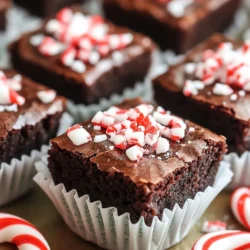 - 1 cup all-purpose flour - 1/2 cup unsweetened cocoa powder - 1/2 cup unsalted butter, melted - 1 cup granulated sugar - 2 large eggs - 1 teaspoon vanilla extract - 1/4 teaspoon salt - 1/2 teaspoon baking powder - 1/2 cup peppermint chocolate chips - 1/4 teaspoon peppermint extract - Crushed candy canes for garnish To make peppermint brownie bites, you need simple, fresh ingredients. Start with all-purpose flour and cocoa powder for the base. The melted butter adds richness. Granulated sugar gives sweetness and helps with texture. The eggs bind the batter together. Vanilla extract adds warmth, while a pinch of salt balances the sweetness. Baking powder helps the bites rise. Peppermint chocolate chips bring the festive flavor. The peppermint extract enhances that minty taste, making each bite special. Finally, don’t forget the crushed candy canes! They add a crunchy, colorful touch on top. With these ingredients, you will create a treat that is both fun and delicious. They are perfect for sharing during the holidays or any time you need a sweet pick-me-up. {{ingredient_image_2}} - Preheat oven to 350°F (175°C). - Prepare mini muffin tin with liners or cooking spray. - Combine melted butter and sugar in a large bowl. - Add eggs one at a time, mixing well. - Incorporate vanilla and peppermint extracts until smooth. - Sift flour, cocoa powder, salt, and baking powder in a separate bowl. - Gently blend dry and wet mixes together until just combined. - Fill muffin cups with brownie batter about three-quarters full. - Bake for 12-15 minutes. Check doneness with a toothpick. - Cool brownie bites in the tin for 5 minutes. - Transfer to a wire rack to cool completely. - Once cool, sprinkle crushed candy canes on top for a festive flair. Gently stirring the batter keeps it light and fluffy. Overmixing makes brownies tough. You know the batter is ready when it looks smooth and you see no dry flour. The goal is to mix until just combined. To ensure fudgy brownie bites, use melted butter and sugar. This adds moisture and richness. Bake them until a toothpick comes out with a few moist crumbs. This shows they are perfectly fudged, not dry. When adding extracts, do so slowly. Start with the vanilla and peppermint extracts. These flavors mix best with the batter. If you want more minty flavor, you can add a bit more peppermint extract. Just be careful not to overdo it, as it can overpower the chocolate. Pro Tips Use High-Quality Cocoa Powder: The flavor of your brownies heavily relies on the cocoa powder. Opt for a high-quality unsweetened cocoa powder for a rich chocolate taste. Check for Doneness: To avoid overbaking, start checking the brownie bites a minute or two before the minimum baking time. They should be set but still moist in the center. Cool Before Serving: Allow the brownie bites to cool completely before serving. This helps them set up nicely and makes them easier to eat without falling apart. Experiment with Mix-Ins: Feel free to customize your brownie bites by adding chopped nuts, white chocolate chips, or even a swirl of Nutella for added flavor and texture! {{image_4}} You can make your peppermint brownie bites even more fun! Try adding nuts like walnuts or pecans for a nice crunch. You can also swap in different chocolate chips, like dark or white chocolate, to mix things up. Experimenting with flavor extracts can add a twist too. A little orange or almond extract can complement the minty flavor nicely. Just remember, a little goes a long way! If you need gluten-free options, substitute the all-purpose flour with a gluten-free blend. Many blends work well without changing the taste too much. For a vegan version, replace eggs with flax eggs. Mix one tablespoon of ground flaxseed with three tablespoons of water. Let it sit for a few minutes until it thickens. Also, use vegan butter or coconut oil instead of regular butter. These brownie bites are perfect on their own, but you can elevate them! Pair them with a scoop of vanilla ice cream or a dollop of whipped cream for extra indulgence. Get creative with how you present them. Arrange the brownie bites on a colorful platter and add whole candy canes around for a festive look. This makes them a great centerpiece for your holiday table! To keep your peppermint brownie bites fresh, follow these steps: - Let the bites cool completely before storing. - Use an airtight container to prevent moisture loss. - Place parchment paper between layers to avoid sticking. - Store at room temperature for up to three days. - For longer freshness, keep them in the fridge. Recommended storage containers include: - Glass jars with tight seals. - Plastic containers with snap-on lids. - Zipper bags for easy access and space-saving. Yes, you can freeze brownie bites! Here’s how: - First, let them cool completely. - Place them in a single layer on a baking sheet. - Freeze them for about one hour until solid. - Transfer the frozen bites to a freezer-safe bag or container. - Label with the date for easy tracking. For thawing tips: - Move brownie bites from the freezer to the fridge. - Let them thaw overnight for best results. - You can also warm them briefly in the microwave before serving. Peppermint brownie bites stay fresh for about 3 to 5 days at room temperature. Store them in an airtight container to keep them moist. If you put them in the fridge, they can last up to a week. However, they may lose some of their soft texture if chilled. You can swap peppermint extract with mint extract, but the taste will change. Peppermint extract has a stronger, cooler flavor. Mint extract is milder and can taste a bit different. If you want that strong peppermint kick, stick with peppermint. If you lack peppermint chocolate chips, try using regular chocolate chips instead. You can also chop up a peppermint candy bar. For a twist, mix in some nuts or other flavored chips. Get creative! You can add a touch of extra peppermint extract to boost flavor. These peppermint brownie bites are simple to make and fun to share. We covered all the key ingredients, from flour to candy canes, and provided detailed steps for baking. Remember to mix gently and check for that fudgy texture for perfect bites. You can even get creative with flavors or dietary needs. Finally, store them right to enjoy longer. Now, go ahead and make these treats for yourself and loved ones. Enjoy every sweet, minty bite!