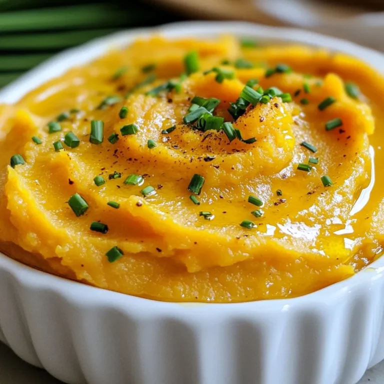 To make roasted garlic sweet potato mash, you will need: - 2 large sweet potatoes, peeled and cut into 1-inch cubes - 1 whole head of garlic - 2 tablespoons olive oil (plus extra for drizzling) - 1/4 cup unsweetened almond milk (or your preferred milk) - 3 tablespoons unsalted butter (or plant-based butter for a vegan option) - Sea salt and freshly cracked black pepper to taste - Fresh chives, finely chopped (for garnish) You can swap some ingredients for different flavors: - Use regular potatoes if you prefer. - Substitute garlic with garlic powder for a quicker option. - Try coconut milk instead of almond milk for a tropical taste. - Use olive oil spray for a lighter option. - For a vegan version, use plant-based butter. Each serving of roasted garlic sweet potato mash has roughly: - Calories: 190 - Protein: 3g - Carbohydrates: 32g - Fiber: 4g - Fat: 7g - Sodium: 150mg This dish is tasty and packed with nutrients. The sweet potatoes offer vitamins, while garlic adds flavor and health benefits. Make this mash a regular part of your meals! {{ingredient_image_2}} First, gather all your ingredients. You will need two large sweet potatoes, one head of garlic, olive oil, almond milk, butter, sea salt, black pepper, and fresh chives. Next, peel and cut the sweet potatoes into one-inch cubes. This helps them cook evenly. Now, preheat your oven to 400°F (200°C). Take the whole head of garlic and slice off the top. Drizzle one tablespoon of olive oil over it. Wrap it in aluminum foil and place it on a baking sheet. This will roast the garlic and make it sweet. In a large pot, bring salted water to a boil. Add the sweet potatoes to the boiling water. Cook them for about 15-20 minutes. They should be tender enough to pierce with a fork. While the sweet potatoes cook, place the garlic in the oven. Roast it for about 30-35 minutes. The cloves will become soft and fragrant. When the sweet potatoes are ready, drain them well. Return them to the pot. Carefully squeeze the roasted garlic cloves into the pot, discarding the skins. Add the remaining tablespoon of olive oil, almond milk, and butter to the sweet potatoes. Use a potato masher or fork to mash everything together. You want a smooth and creamy texture. If you prefer it thinner, add a splash more almond milk. Season your mash with sea salt and freshly cracked black pepper. Mix well to combine all the flavors. Let everything heat through on low, stirring gently. To serve, spoon the mash into a warmed bowl. Top it with finely chopped chives for a pop of color. Drizzle a little olive oil around the edges for added flavor and a beautiful look. To get a creamy texture, use ripe sweet potatoes. Boil them until very soft. Drain them well to avoid excess water. When you mash, add warm almond milk and butter. This keeps the mash fluffy and smooth. If you want it creamier, add more milk until it’s just right. Roasting garlic is simple. Cut the top off a whole head and drizzle with olive oil. Wrap it in foil and bake at 400°F for about 30-35 minutes. The garlic should feel soft when pressed. This sweetens the flavor and makes it easy to squeeze into your mash. You can enhance the flavor in many ways. Consider adding fresh herbs like thyme or rosemary. A pinch of nutmeg can add warmth. For a kick, try a dash of cayenne pepper. Don't forget to season well with salt and pepper. These small changes can make your mash unforgettable. Pro Tips Roast Garlic Wisely: Ensure the garlic is thoroughly wrapped in foil to prevent burning and to retain moisture for a richer flavor. Sweet Potato Cooking Time: The size of your sweet potato cubes can affect cooking time; aim for uniformity for even cooking. Adjusting Creaminess: For a creamier mash, add more almond milk gradually until you reach your desired consistency. Seasoning to Taste: Remember to taste your mash before serving; adjust the salt and pepper to enhance the overall flavor. {{image_4}} You can easily make this dish vegan. Just swap the butter for plant-based butter. Use unsweetened almond milk or any other non-dairy milk you prefer. This keeps the mash creamy and tasty without any animal products. If you need it gluten-free, this recipe is already safe! The ingredients are naturally gluten-free, so you can enjoy it worry-free. Want to spice things up? Try adding some paprika or cayenne pepper for a kick. You could also mix in herbs like thyme or rosemary for a fresh taste. A pinch of nutmeg adds warmth and depth. If you like cheese, stir in some grated Parmesan or nutritional yeast for a cheesy flavor. Feel free to play around with these spices to find your favorite mix! Roasted garlic sweet potato mash is perfect for any meal. Serve it as a side dish at holiday dinners or family gatherings. It pairs well with roasted meats or as a base for a veggie bowl. For a casual meal, top it with sautéed greens or chickpeas. You could even use it as a filling for wraps. It’s versatile and makes any plate look and taste fantastic! To keep your roasted garlic sweet potato mash fresh, transfer it to an airtight container. Make sure the mash cools to room temperature before sealing it. Store it in the fridge for up to three days. This helps preserve its creamy texture and flavor. You can freeze the mash if you want to save it for later. Spoon the cooled mash into a freezer-safe container. Leave some space at the top for expansion. Seal tightly and label the container with the date. It will stay good for about three months. When you are ready to enjoy your mash, thaw it in the fridge overnight. To reheat, place it in a pot over low heat. Stir in a splash of almond milk to restore its creaminess. Heat gently until warmed through. You can also use the microwave for quick reheating. Just cover it loosely and heat in short bursts, stirring in between. Yes, you can use regular potatoes. They will change the taste and texture. Regular potatoes are less sweet and more starchy. This change can make your mash feel creamier but less flavorful. If you want the same taste, stick with sweet potatoes. They bring a natural sweetness that pairs well with garlic. You can prepare this dish ahead easily. Cook the sweet potatoes and garlic as directed. After mashing, let it cool. Store it in an airtight container in the fridge. To reheat, warm it gently on the stove or in the microwave. Add a splash of almond milk if it seems dry. This way, your mash stays creamy and delicious. Roasted garlic sweet potato mash pairs well with many dishes. It complements roast chicken or grilled fish nicely. For a vegetarian meal, serve it with sautéed greens or a hearty salad. You can also have it as a side with beef or pork. This mash adds a creamy, flavorful touch to any plate. This blog post covered the key ingredients and steps for making delicious roasted garlic sweet potato mash. I shared helpful tips for creamy texture, perfect garlic roasting, and flavor boosts. You also learned about variations for different diets and serving ideas. Remember, storing and reheating your leftovers properly ensures you enjoy this dish longer. I hope you feel ready to try this mash and impress your family and friends. Happy cooking!