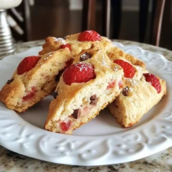 - 2 cups all-purpose flour - 1/4 cup granulated sugar - 1 tablespoon baking powder - 1/2 teaspoon salt - 1/4 cup unsalted butter, cold and cubed - 1/2 cup heavy cream - 1 large egg - 1 teaspoon vanilla extract - 1 cup fresh strawberries, hulled and diced - 1/2 cup semi-sweet chocolate chips - 1 tablespoon milk (for brushing) - Extra sugar for sprinkling To make these Strawberry Chocolate Chip Scones, gather all the ingredients first. You will need two cups of all-purpose flour. This is the base for your scones. Add a quarter cup of granulated sugar to sweeten them just right. Baking powder helps the scones rise, so use one tablespoon. A little salt, only half a teaspoon, will balance the flavors. Cold butter is key for flaky scones. Use a quarter cup, cubed, and keep it cold until you need it. Heavy cream adds richness, so have half a cup ready. You’ll also need one large egg and a teaspoon of vanilla extract for flavor. Fresh strawberries are a must. Use one cup, hulled and diced, to bring freshness. Don’t forget half a cup of semi-sweet chocolate chips for that sweet touch. Lastly, you need one tablespoon of milk for brushing on top and a little extra sugar to sprinkle for a nice finish. Having these ingredients prepped and measured makes cooking smoother. It helps you focus on mixing and baking, ensuring your scones turn out perfectly. {{ingredient_image_2}} Start by preheating your oven to 400°F (200°C). This ensures your scones bake evenly. While the oven heats, line a baking sheet with parchment paper. This prevents the scones from sticking. In a large bowl, whisk together: - 2 cups all-purpose flour - 1/4 cup granulated sugar - 1 tablespoon baking powder - 1/2 teaspoon salt Make sure these dry ingredients mix well. This step is key for even rising. Next, add 1/4 cup of cold, cubed unsalted butter to the flour mix. You can use a pastry cutter or your fingers. Blend until it looks like coarse crumbs. This helps create a flaky scone. In a separate bowl, whisk together: - 1/2 cup heavy cream - 1 large egg - 1 teaspoon vanilla extract Mix until smooth. This blend adds moisture and flavor to the scones. Gradually pour the wet mix into the dry ingredients. Stir gently until just combined. Avoid overmixing. This keeps your scones light and fluffy. Transfer the dough to a lightly floured surface. Shape it into a round, about 1-inch thick. Cut the round into wedges, like a pizza. Place these pieces on your prepared baking sheet. Brush the tops of the scones with 1 tablespoon of milk. This helps them brown nicely. Sprinkle a little extra sugar on top for sweetness. Bake for 15-20 minutes. They should turn golden brown and a toothpick should come out clean. Let them cool slightly on a wire rack for the best texture. To get that perfect flaky texture, use cold butter. Cold butter makes the dough rise. Cut the butter into small pieces. Mix it into the flour until it looks like crumbs. This method adds air and creates layers in the scone. Remember to handle the dough gently. Overmixing can spoil your scones. When you mix wet and dry ingredients, do it slowly. Stir just until you see no dry flour. The dough should feel soft and slightly sticky. If you mix too much, the scones will be tough, not light. To ensure even baking, spread the scones out on the baking sheet. Leave space between them. This helps hot air circulate. Also, rotate the sheet halfway through baking. This step helps all scones bake evenly. To keep scones fresh, store them in an airtight container. They stay good for two days at room temperature. If you want them to last longer, freeze them. Wrap each scone tightly and place them in a freezer bag. They can stay fresh for up to three months. Just reheat them when ready to enjoy! Pro Tips Use Cold Ingredients: Ensure your butter and cream are cold; this helps create a flaky texture in your scones. Don’t Overmix: Mix the dough just until combined. Overmixing can lead to tough, dense scones instead of light and fluffy ones. Fresh Strawberries: Use ripe, fresh strawberries for the best flavor. If using frozen, make sure to thaw and drain excess moisture. Great for Breakfast or Dessert: These scones are versatile and can be enjoyed warm for breakfast or as a delightful dessert with tea. {{image_4}} You can switch up the fruit in your scones. Try blueberries, raspberries, or blackberries. Each fruit adds a unique taste. For a tropical twist, use diced pineapple or mango. Just remember to adjust the sugar based on the fruit’s sweetness. Experiment with different fruits for fun and flavor! Chocolate adds richness to your scones. While semi-sweet chocolate chips are a classic choice, you can use dark chocolate for a bold taste. Milk chocolate offers a sweeter option. For a white chocolate twist, swap in white chocolate chips. Each type of chocolate changes the scone's flavor, so choose your favorite! Nuts can enhance the texture of your scones. Add chopped walnuts or pecans for a nice crunch. You can also sprinkle in some cinnamon or nutmeg for warmth. These spices bring a cozy flavor that pairs well with the fruit and chocolate. Play around with different combinations for a personal touch! To keep your scones fresh, place them in an airtight container. This will help them stay soft and tasty. You can store them at room temperature for up to two days. If you want to keep them longer, consider freezing them. To freeze scones, first let them cool completely. Wrap each scone in plastic wrap or foil. Place them in a freezer-safe bag or container. They can stay frozen for up to three months. When you are ready to eat them, just thaw them at room temperature or heat them in the oven. Serve your scones warm for the best flavor. You can heat them in the oven at 350°F for about 5-10 minutes. For an extra treat, add a dollop of whipped cream or fresh strawberries on the side. This makes for a lovely presentation and enhances the taste. Yes, you can make scones ahead of time. Prepare the dough and cut it into wedges. Place the uncooked scones on a baking sheet and freeze them. Once frozen, store them in a bag. When ready to bake, just add a few extra minutes to the bake time. If you don't have heavy cream, you can use whole milk or half-and-half. For a dairy-free option, try coconut cream or a nut milk blend. These options may change the texture slightly, but they still work well. To check if the scones are done, look for a golden-brown color on top. Insert a toothpick into the center. If it comes out clean, the scones are ready. The edges should feel firm, and the tops should be light and airy. Yes, you can use frozen strawberries! Just thaw and drain them first to avoid excess moisture. Frozen strawberries may change the texture a bit, but they still add great flavor to the scones. To reheat scones, preheat your oven to 350°F (175°C). Place the scones on a baking sheet and heat for about 5-10 minutes. This method helps restore their flaky texture. You can also use a microwave, but be careful not to make them soggy. This article covers how to make delicious scones using simple ingredients. We explored the list of ingredients and the easy steps to bake them. I shared tips for achieving the perfect flaky texture and storing leftovers. You can also try fun variations with fruits or nuts. With this knowledge, you can create scones that impress friends and family. Enjoy your baking and the tasty results!