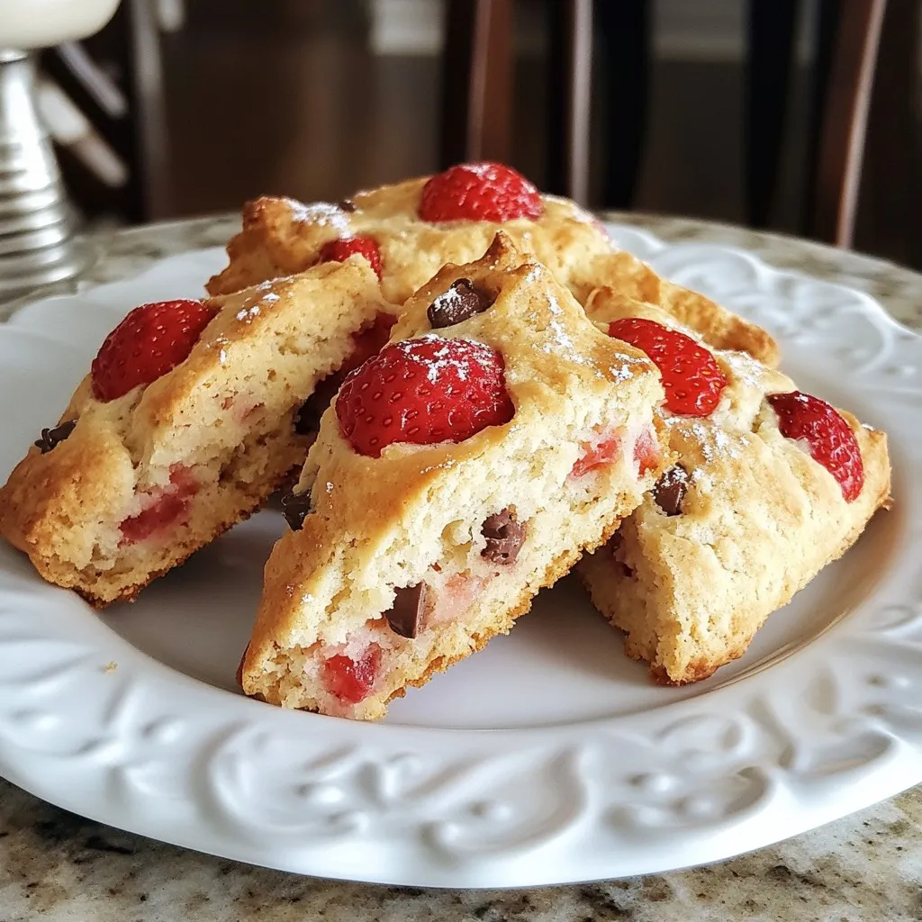 - 2 cups all-purpose flour - 1/4 cup granulated sugar - 1 tablespoon baking powder - 1/2 teaspoon salt - 1/4 cup unsalted butter, cold and cubed - 1/2 cup heavy cream - 1 large egg - 1 teaspoon vanilla extract - 1 cup fresh strawberries, hulled and diced - 1/2 cup semi-sweet chocolate chips - 1 tablespoon milk (for brushing) - Extra sugar for sprinkling To make these Strawberry Chocolate Chip Scones, gather all the ingredients first. You will need two cups of all-purpose flour. This is the base for your scones. Add a quarter cup of granulated sugar to sweeten them just right. Baking powder helps the scones rise, so use one tablespoon. A little salt, only half a teaspoon, will balance the flavors. Cold butter is key for flaky scones. Use a quarter cup, cubed, and keep it cold until you need it. Heavy cream adds richness, so have half a cup ready. You’ll also need one large egg and a teaspoon of vanilla extract for flavor. Fresh strawberries are a must. Use one cup, hulled and diced, to bring freshness. Don’t forget half a cup of semi-sweet chocolate chips for that sweet touch. Lastly, you need one tablespoon of milk for brushing on top and a little extra sugar to sprinkle for a nice finish. Having these ingredients prepped and measured makes cooking smoother. It helps you focus on mixing and baking, ensuring your scones turn out perfectly. {{ingredient_image_2}} Start by preheating your oven to 400°F (200°C). This ensures your scones bake evenly. While the oven heats, line a baking sheet with parchment paper. This prevents the scones from sticking. In a large bowl, whisk together: - 2 cups all-purpose flour - 1/4 cup granulated sugar - 1 tablespoon baking powder - 1/2 teaspoon salt Make sure these dry ingredients mix well. This step is key for even rising. Next, add 1/4 cup of cold, cubed unsalted butter to the flour mix. You can use a pastry cutter or your fingers. Blend until it looks like coarse crumbs. This helps create a flaky scone. In a separate bowl, whisk together: - 1/2 cup heavy cream - 1 large egg - 1 teaspoon vanilla extract Mix until smooth. This blend adds moisture and flavor to the scones. Gradually pour the wet mix into the dry ingredients. Stir gently until just combined. Avoid overmixing. This keeps your scones light and fluffy. Transfer the dough to a lightly floured surface. Shape it into a round, about 1-inch thick. Cut the round into wedges, like a pizza. Place these pieces on your prepared baking sheet. Brush the tops of the scones with 1 tablespoon of milk. This helps them brown nicely. Sprinkle a little extra sugar on top for sweetness. Bake for 15-20 minutes. They should turn golden brown and a toothpick should come out clean. Let them cool slightly on a wire rack for the best texture. To get that perfect flaky texture, use cold butter. Cold butter makes the dough rise. Cut the butter into small pieces. Mix it into the flour until it looks like crumbs. This method adds air and creates layers in the scone. Remember to handle the dough gently. Overmixing can spoil your scones. When you mix wet and dry ingredients, do it slowly. Stir just until you see no dry flour. The dough should feel soft and slightly sticky. If you mix too much, the scones will be tough, not light. To ensure even baking, spread the scones out on the baking sheet. Leave space between them. This helps hot air circulate. Also, rotate the sheet halfway through baking. This step helps all scones bake evenly. To keep scones fresh, store them in an airtight container. They stay good for two days at room temperature. If you want them to last longer, freeze them. Wrap each scone tightly and place them in a freezer bag. They can stay fresh for up to three months. Just reheat them when ready to enjoy! Pro Tips Use Cold Ingredients: Ensure your butter and cream are cold; this helps create a flaky texture in your scones. Don’t Overmix: Mix the dough just until combined. Overmixing can lead to tough, dense scones instead of light and fluffy ones. Fresh Strawberries: Use ripe, fresh strawberries for the best flavor. If using frozen, make sure to thaw and drain excess moisture. Great for Breakfast or Dessert: These scones are versatile and can be enjoyed warm for breakfast or as a delightful dessert with tea. {{image_4}} You can switch up the fruit in your scones. Try blueberries, raspberries, or blackberries. Each fruit adds a unique taste. For a tropical twist, use diced pineapple or mango. Just remember to adjust the sugar based on the fruit’s sweetness. Experiment with different fruits for fun and flavor! Chocolate adds richness to your scones. While semi-sweet chocolate chips are a classic choice, you can use dark chocolate for a bold taste. Milk chocolate offers a sweeter option. For a white chocolate twist, swap in white chocolate chips. Each type of chocolate changes the scone's flavor, so choose your favorite! Nuts can enhance the texture of your scones. Add chopped walnuts or pecans for a nice crunch. You can also sprinkle in some cinnamon or nutmeg for warmth. These spices bring a cozy flavor that pairs well with the fruit and chocolate. Play around with different combinations for a personal touch! To keep your scones fresh, place them in an airtight container. This will help them stay soft and tasty. You can store them at room temperature for up to two days. If you want to keep them longer, consider freezing them. To freeze scones, first let them cool completely. Wrap each scone in plastic wrap or foil. Place them in a freezer-safe bag or container. They can stay frozen for up to three months. When you are ready to eat them, just thaw them at room temperature or heat them in the oven. Serve your scones warm for the best flavor. You can heat them in the oven at 350°F for about 5-10 minutes. For an extra treat, add a dollop of whipped cream or fresh strawberries on the side. This makes for a lovely presentation and enhances the taste. Yes, you can make scones ahead of time. Prepare the dough and cut it into wedges. Place the uncooked scones on a baking sheet and freeze them. Once frozen, store them in a bag. When ready to bake, just add a few extra minutes to the bake time. If you don't have heavy cream, you can use whole milk or half-and-half. For a dairy-free option, try coconut cream or a nut milk blend. These options may change the texture slightly, but they still work well. To check if the scones are done, look for a golden-brown color on top. Insert a toothpick into the center. If it comes out clean, the scones are ready. The edges should feel firm, and the tops should be light and airy. Yes, you can use frozen strawberries! Just thaw and drain them first to avoid excess moisture. Frozen strawberries may change the texture a bit, but they still add great flavor to the scones. To reheat scones, preheat your oven to 350°F (175°C). Place the scones on a baking sheet and heat for about 5-10 minutes. This method helps restore their flaky texture. You can also use a microwave, but be careful not to make them soggy. This article covers how to make delicious scones using simple ingredients. We explored the list of ingredients and the easy steps to bake them. I shared tips for achieving the perfect flaky texture and storing leftovers. You can also try fun variations with fruits or nuts. With this knowledge, you can create scones that impress friends and family. Enjoy your baking and the tasty results!