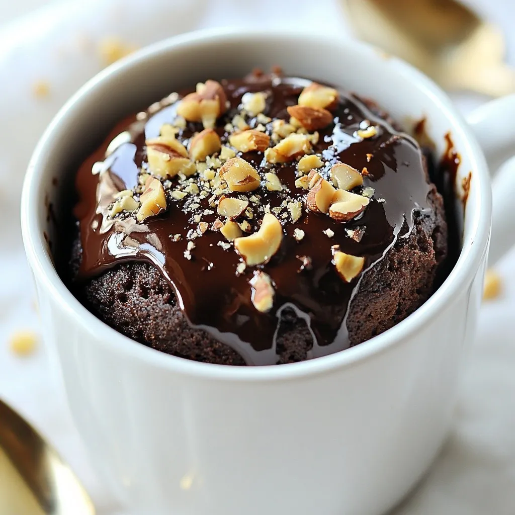 To make a delicious chocolate hazelnut mug cake, you need some simple ingredients. Here’s the list to get you started: - 4 tablespoons all-purpose flour - 4 tablespoons granulated sugar - 2 tablespoons unsweetened cocoa powder - 1/8 teaspoon baking powder - 1/8 teaspoon salt - 3 tablespoons milk (or your favorite non-dairy milk) - 2 tablespoons vegetable oil - 1 teaspoon vanilla extract - 2 tablespoons chocolate hazelnut spread - A handful of chopped hazelnuts for topping These ingredients come together to create a rich, moist cake. The all-purpose flour gives it structure, while granulated sugar adds sweetness. Cocoa powder brings the chocolate flavor, making it a treat for any chocolate lover. Baking powder helps it rise, and salt balances the sweetness. You can use any milk you like, making this recipe flexible for your needs. The vegetable oil keeps the cake moist, and vanilla extract adds a lovely aroma. The star ingredient is chocolate hazelnut spread, which gives it that gooey center. Finally, the chopped hazelnuts add a nice crunch on top. Gather these ingredients, and you’re ready to make a great dessert in just a few minutes! {{ingredient_image_2}} Start by taking a microwave-safe mug. Add 4 tablespoons of all-purpose flour, 4 tablespoons of granulated sugar, 2 tablespoons of unsweetened cocoa powder, 1/8 teaspoon of baking powder, and 1/8 teaspoon of salt. Use a fork or a small whisk to mix these dry ingredients well. This step helps break up any lumps, so your cake turns out smooth. Make sure everything blends nicely. Next, pour in 3 tablespoons of milk, 2 tablespoons of vegetable oil, and 1 teaspoon of vanilla extract. Stir this mixture gently. You want a smooth batter without any clumps. This step is key to getting a great texture in your mug cake. Now, take 2 tablespoons of chocolate hazelnut spread. Spoon it carefully into the center of your batter. Do not mix it in; this is very important. Leaving it on top creates a gooey, molten center when you cook it. Trust me, this adds a delightful surprise to every bite. Place the mug in the microwave. Cook it on high for 40 to 60 seconds. Start checking the cake at the 40-second mark. It should rise nicely but still have a slight jiggle in the middle. This jiggle means it will stay soft and perfect once it cools. Carefully take the mug out of the microwave. It will be hot, so use caution. Let it cool for about a minute to avoid burning your mouth. Finally, sprinkle some chopped hazelnuts on top. This adds a nice crunch and boosts the flavor of the rich chocolate. You can serve it right in the mug for a cozy feel or move it to a plate for a different look. Enjoy your creation! To get that gooey center, aim for a cooking time of 40 to 60 seconds. Start checking at 40 seconds. The cake should rise but still jiggle a bit in the middle. This tells you it will stay soft after cooking. If your microwave runs hot, try reducing the time slightly. If it’s cooler, you might need more time. Each microwave is a bit different. You can swap regular milk with almond, soy, or oat milk. These options work great and keep the cake yummy. Feel free to get creative with toppings too! Instead of hazelnuts, try walnuts, pecans, or even some crushed cookies. You can also sprinkle in chocolate chips for extra sweetness. You can serve the mug cake right in the mug for a fun touch. If you want a fancier look, transfer it to a plate. Drizzle extra chocolate hazelnut spread on top for a treat. Adding whipped cream makes it even better! The cream adds a light touch to the rich cake. Enjoy this easy dessert however you like! Pro Tips Use Room Temperature Ingredients: For a more uniform batter, ensure your milk and oil are at room temperature before mixing. This helps the ingredients combine more smoothly. Experiment with Flavors: Feel free to add a pinch of cinnamon or a drop of almond extract for a unique twist on the classic chocolate hazelnut flavor. Microwave Power Variations: Microwaves can vary in power; if your mug cake isn't fully cooked at 60 seconds, continue to cook in 10-second intervals to avoid overcooking. Serving Suggestions: Elevate your mug cake by serving it with a scoop of vanilla ice cream or a dollop of whipped cream for a decadent dessert experience. {{image_4}} You can swap the chocolate hazelnut spread for peanut butter. This simple change adds a rich, nutty flavor. Just use the same amount of peanut butter as you would the spread. Peanut butter pairs well with chocolate flavors too. If you want a gluten-free mug cake, you can use almond flour or coconut flour instead of all-purpose flour. Both options work well and give a nice texture. Just remember to adjust the liquid a bit since these flours absorb more moisture. For a vegan chocolate hazelnut mug cake, replace milk with a non-dairy option like almond milk or oat milk. Use a vegan chocolate hazelnut spread. You can also swap the vegetable oil for melted coconut oil. This keeps the cake moist and tasty. Store your leftover mug cake in the fridge. Place it in an airtight container. This keeps it fresh and moist. If you do not have a container, cover it with plastic wrap. Make sure it seals well to avoid air exposure. To reheat, use the microwave. Heat it in short bursts of 10 seconds. Check it often. This helps keep the cake soft and fluffy. If you heat it too long, it can dry out. Adding a small splash of milk before heating can help. The mug cake stays good for about two days in the fridge. After that, it may dry or lose flavor. If you want it to last longer, consider freezing it. You can freeze it for up to a month. Just wrap it well and store it in a freezer bag. Yes, you can prep some parts ahead. Mix the dry ingredients and store them in a jar. When you're ready, add the wet ingredients. This saves time and makes it easier to enjoy a quick treat. You can swap the chocolate hazelnut spread for peanut butter or almond butter. Nut butters give a rich taste. You might also try a fruit jam, like raspberry or strawberry, for a fun twist. Yes, you can double the recipe. Just mix everything in a larger bowl. Cook in two mugs or one big bowl. If you use a big bowl, check the cooking time. It might need a bit more time in the microwave. Yes, you can bake it! Preheat your oven to 350°F (175°C). Pour the batter into a small oven-safe dish. Bake for about 10-12 minutes. Check for doneness with a toothpick. It should come out clean. In this blog post, we covered how to make a delicious mug cake. You learned about the needed ingredients and step-by-step instructions for mixing, cooking, and serving. We discussed tips for achieving the right texture and personalizing flavors. You also saw variations for different diets and storage advice. Mug cakes are quick, easy, and fun. Enjoy making your own unique version with your favorite flavors. Happy baking!