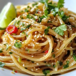 - 8 oz whole wheat spaghetti or ramen noodles - 3 tablespoons sesame oil - 4 cloves garlic, finely minced - 1 red chili pepper, thinly sliced (or 1 teaspoon red pepper flakes for more heat) - 3 tablespoons soy sauce (substitute tamari for gluten-free) - 2 tablespoons rice vinegar - 1 tablespoon honey or maple syrup - 2 green onions, finely chopped - 1 tablespoon sesame seeds - Fresh cilantro leaves, for garnish - Lime wedges, for a zesty finish When I make Spicy Garlic Sesame Noodles, I love using whole wheat spaghetti or ramen noodles. Whole wheat adds a nice nutty flavor and a healthy twist. The sesame oil is key for richness. I always use fresh minced garlic. It gives the dish a vibrant kick. For heat, I like to add a red chili pepper. If you prefer less spice, use red pepper flakes instead. The soy sauce brings umami depth, while rice vinegar adds tang. Honey or maple syrup balances the flavor with sweetness. Chopped green onions are a must for freshness and crunch. I sprinkle sesame seeds on top for texture and a bit of nutty taste. To finish, fresh cilantro leaves add color and brightness. Lime wedges bring a zesty touch when you squeeze them over the noodles. This combination of ingredients creates a dish that is both simple and packed with flavor. You can easily customize it based on your taste and what you have on hand. {{ingredient_image_2}} - Bring salted water to a boil. - Cook noodles until al dente. - Drain and rinse noodles. Start by boiling a big pot of salted water. This helps flavor the noodles. Once the water is boiling, add your noodles. I like to use whole wheat spaghetti or ramen. Cook them until they are al dente. This means they should have a little bite to them. After they are done, drain the noodles in a colander. Rinse them under cool water to stop the cooking. This also helps keep them from sticking together. - Combine sesame oil and garlic. - Add red chili, soy sauce, rice vinegar, and sweetener. - Whisk until blended. Next, grab a medium bowl. Pour in sesame oil and add the minced garlic. This mix gives the sauce a great taste. Then, add the sliced red chili, soy sauce, rice vinegar, and honey or maple syrup. Whisk everything together until it is smooth. This sauce will add a nice kick to your noodles. - Toss noodles with prepared sauce. - Ensure even coating for maximum flavor. Now, take a big mixing bowl and place your drained noodles inside. Pour the sauce over the noodles. Use tongs or a fork to gently toss the noodles. Make sure every strand is covered in sauce. This step is key for great flavor in every bite. - Include green onions and sesame seeds. - Mix lightly to distribute. After the noodles are coated, it's time to add some flair. Toss in the finely chopped green onions and sprinkle sesame seeds on top. Give it a light mix again. This adds texture and flavor, making your dish even better. - Plate the dressed noodles. - Garnish with cilantro and lime wedges. Finally, it's time to serve. Place the noodles on plates. Top them with fresh cilantro for color. Add lime wedges on the side. When you squeeze lime over the noodles, it adds a zesty taste that brightens the dish. Enjoy your Spicy Garlic Sesame Noodles! To change the heat in your dish, try these options: - Use less red chili pepper. - Skip the chili and use black pepper. - Add a dash of sriracha for more heat. If you want a milder taste, use sweet bell peppers instead. Fresh ingredients make a big difference. Use fresh garlic and green onions. They add bright notes to your dish. You can also add: - A splash of lime juice for tang. - A pinch of ginger for spice. These small tweaks can elevate your noodles. Cooking the noodles just right is key. Aim for al dente, which means they are firm but not hard. Follow package directions closely. After cooking, drain and rinse the noodles quickly. This stops the cooking. It helps to prevent stickiness. Toss them with a bit of sesame oil if needed. Pro Tips Use Fresh Garlic: Freshly minced garlic provides a robust flavor that enhances the overall taste of the noodles. Avoid using pre-minced garlic for the best results. Adjust the Heat: If you prefer a milder dish, reduce the amount of chili pepper or omit it entirely. For extra spice, increase the chili or add more red pepper flakes. Customize with Veggies: Feel free to add your favorite vegetables like bell peppers, carrots, or snap peas to the dish for added color and nutrition. Perfectly Toasted Sesame Seeds: Toasting sesame seeds in a dry skillet for a few minutes before adding them to the dish can enhance their flavor and add a delightful crunch. {{image_4}} You can add many vegetables to your spicy garlic sesame noodles. Some great options include: - Bell peppers - Carrots - Broccoli - Snap peas - Spinach To prep the vegetables, wash and slice them thinly. This helps them cook quickly and evenly. You can stir-fry them in a pan with a little sesame oil before mixing with the noodles. This adds both flavor and color to your dish. Adding protein makes this dish more filling. You can use: - Chicken - Shrimp - Tofu For chicken or shrimp, marinate them in soy sauce and garlic for extra taste. Tofu should be pressed to remove moisture, then cubed and cooked until golden. You can add the protein to the noodles after tossing them with the sauce. If you need a gluten-free version, there are easy swaps. Use rice noodles or gluten-free spaghetti instead of wheat noodles. For soy sauce, choose tamari, which is gluten-free. Always check labels on packaged foods. Keep utensils and cooking surfaces clean to prevent cross-contamination. To keep your spicy garlic sesame noodles fresh, place them in an airtight container. Make sure to cool them down first. Store the container in the refrigerator. These noodles can last for up to three days. If you notice any strange smells or colors, it’s best to toss them. When you're ready to eat your leftovers, avoid the microwave if possible. Instead, use a skillet or frying pan. Heat some oil over medium heat. Then, add the noodles and stir them gently. This helps keep the texture nice. To bring back the flavor, splash a little soy sauce or sesame oil while reheating. If you want to freeze your noodles, make sure they are completely cool. Place them in a freezer-safe bag, removing as much air as you can. They can last in the freezer for up to two months. When you're ready to enjoy them, thaw them overnight in the fridge. Reheat using the skillet method for the best results. Yes, you can use different noodles! Here are some great options: - Rice noodles for a gluten-free choice - Soba noodles for a nutty taste - Udon noodles for a chewy texture - Whole wheat spaghetti if you want a healthier twist Feel free to choose what you like best! To make this recipe vegan, switch out a couple of ingredients: - Use maple syrup instead of honey. - Choose tamari instead of soy sauce for a gluten-free option. These changes keep the flavor while making it plant-based! Yes, you can prepare the sauce ahead! Here are some tips: - Mix the sauce and store it in an airtight container. - Keep it in the fridge for up to a week. When you’re ready, just toss it with the noodles. Store the sauce separately to keep the noodles fresh and tasty! This blog post taught you how to make tasty noodles. You learned about the key ingredients, step-by-step cooking, and how to add tasty garnishes. Remember, you can adjust spice levels and add protein or vegetables for variety. Store your leftovers right to keep them fresh. With these tips, you can enjoy this dish in many ways. Now, get cooking and impress your friends with your new skills!