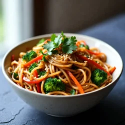 - 8 oz (225g) rice noodles - 3 tablespoons sesame oil - 4 cloves garlic, minced - 1 tablespoon ginger, freshly grated - 2 tablespoons soy sauce - 2 tablespoons chili paste - 1 tablespoon honey - 1 cup broccoli florets - 1 medium carrot, julienned - 1 red bell pepper, thinly sliced - 2 green onions, chopped - Toasted sesame seeds for garnish - Fresh cilantro leaves for garnish To make the best spicy garlic noodles, you need fresh and vibrant ingredients. The rice noodles give a nice base for the dish. Sesame oil adds a rich flavor that pairs well with garlic and ginger. You want to use four cloves of garlic and one tablespoon of fresh ginger. These add a bold taste and aroma. The chili paste gives the noodles their heat, but feel free to adjust it for your taste. Honey balances the spice with a touch of sweetness. For veggies, broccoli florets, julienned carrot, and red bell pepper bring color and texture. Green onions add a fresh crunch. Finally, toasted sesame seeds and fresh cilantro make beautiful garnishes that enhance flavor. Each ingredient plays a key role. Gather these items before you start cooking for a smooth and enjoyable process. {{ingredient_image_2}} First, cook the rice noodles as the package shows. Once cooked, drain them and rinse under cold water. This step is key. It stops the cooking and keeps the noodles firm. Next, heat the sesame oil in a large skillet. Wait until it shimmers but does not smoke. Add the minced garlic and grated ginger. Stir-fry for about one minute. This makes your kitchen smell amazing! Then, mix in the chili paste and honey. Stir well to combine these flavors. Now, add the broccoli florets, julienned carrot, and sliced red bell pepper. Stir-fry this mix for 3 to 4 minutes. You want the veggies to be tender-crisp and bright. After that, introduce the cooked noodles to the skillet. Pour in the soy sauce next. Toss everything together gently. Make sure the noodles coat well with the sauce. Finally, stir in half of the chopped green onions. Toss again for one more minute. Now, it’s time to serve. Transfer the spicy garlic noodles to plates. Garnish with toasted sesame seeds and fresh cilantro leaves. Enjoy your bold and flavorful dish! To keep rice noodles from sticking, rinse them well. After cooking, run them under cold water. This will wash off the starch and help them stay separate. When you heat them, add a bit of sesame oil. This extra oil adds flavor and keeps them smooth. You can adjust the chili paste to fit your taste. If you want more heat, add a little more paste. Start with a small amount, then taste. You can always add more, but you cannot take it out once it's in! For a nice look, serve the noodles in deep bowls. This makes them look more appealing. Sprinkle the remaining green onions on top. They add a pop of color and crunch. Garnish with toasted sesame seeds and fresh cilantro. These toppings bring flavor and style. They make your dish look and taste gourmet! Want to enhance the flavor? Consider adding a pinch of crushed red pepper flakes. It gives an extra kick. You can also try a splash of lime juice. The citrus brightens the dish and adds freshness. Other spices like five-spice powder or garlic powder work well too. Experiment to find what you like best! Pro Tips Use Fresh Ingredients: Fresh garlic and ginger will provide a robust flavor that enhances the overall taste of your noodles. Adjust the Heat: Feel free to modify the amount of chili paste based on your spice preference; start with less and add more as needed. Vegetable Variations: Experiment with different vegetables like snap peas, bell peppers, or spinach to add variety and nutrition. Leftover Noodles: If you have leftovers, store them in an airtight container in the fridge; they can be easily reheated with a splash of water. {{image_4}} You can switch up the veggies in spicy garlic noodles. Here are some great options: - Snap peas - Zucchini - Mushrooms - Bell peppers in different colors For seasonal variations, try using: - Asparagus in spring - Squash in summer - Kale in winter These changes keep the dish fresh and full of flavor. Want to make your noodles heartier? Add some protein! Here are a few ideas: - Chicken: Grill or stir-fry diced chicken breast. Cook it until golden before adding it to the noodles. - Tofu: Use firm tofu. Cube it, then pan-fry until crispy. This adds texture and a nice crunch. - Shrimp: Quick-cook shrimp in the skillet. Toss them in just before serving for a delightful seafood twist. Feel free to mix and match proteins for your perfect plate. You can easily adapt this dish to fit your diet. Here’s how: - Gluten-Free: Use gluten-free soy sauce. It tastes great and keeps the dish safe for gluten sensitivities. - Vegan: Swap honey for maple syrup or agave nectar. This keeps it sweet and vegan-friendly. Tailoring your spicy garlic noodles makes them even more enjoyable! Store your spicy garlic noodles in an airtight container. They stay fresh in the fridge for up to three days. Let the noodles cool down before sealing the container. This helps prevent condensation, which can make them soggy. To reheat, use a skillet over medium heat. Add a splash of water or oil to keep the noodles moist. Stir often until they heat through. You can also use a microwave. Place the noodles in a bowl and cover them with a damp paper towel. Heat for about one minute, then stir and check if they are warm enough. You can freeze these noodles for up to a month. Place them in a freezer-safe container. Make sure to let them cool completely before freezing. When ready to eat, thaw them overnight in the fridge. Reheat as mentioned above for the best texture. Spicy Garlic Noodles can last about 3 to 5 days in the fridge. To store them, place your leftovers in an airtight container. Make sure they cool down before sealing. This helps keep them fresh and tasty. When you're ready to enjoy them again, just reheat in a pan or microwave. Yes, you can use different types of noodles! If you want a gluten-free option, try rice noodles or zucchini noodles. For a heartier choice, you can use udon or soba noodles. Just remember to adjust cooking times based on the noodle you pick. Each type offers a unique texture and flavor. If you need a sesame oil substitute, try using olive oil or avocado oil. Both oils will add flavor without the sesame. If you want a similar nutty taste, consider using sunflower oil or peanut oil. Choose what fits your taste or diet best. In this post, I shared a fun and easy recipe for Spicy Garlic Noodles. We explored the key ingredients, such as rice noodles and fresh veggies. I walked you through each step, from cooking the noodles to sautéing the vegetables. Tips and tricks helped enhance your dish, plus variations kept it fresh and fun. Lastly, I covered storage and reheating for leftovers. With these ideas, you can make a delicious meal anyone will love. Enjoy cooking and let your creativity shine!