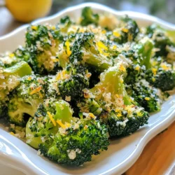 For Garlic Parmesan Roasted Broccoli, gather these ingredients: - 1 large head of broccoli, cut into bite-sized florets - 4 cloves of garlic, finely minced - 1/4 cup freshly grated Parmesan cheese - 3 tablespoons extra virgin olive oil - Zest of 1 lemon - 1 teaspoon fresh lemon juice - 1/2 teaspoon red pepper flakes (optional, for a kick) - Sea salt and freshly ground black pepper, to taste - Fresh parsley, finely chopped (for garnish) You can add red pepper flakes for heat. This gives the dish a nice kick. If you like, try using other cheeses. Feta or cheddar can change the flavor. When picking broccoli, choose a head with bright green florets. Avoid any yellowing parts. Fresh garlic adds a strong flavor. Look for firm cloves. Always use good quality olive oil for the best taste. Freshly grated cheese melts better than pre-grated. Lastly, use fresh herbs for garnish. They add color and taste. {{ingredient_image_2}} First, set your oven to 425°F (220°C). This heat helps the broccoli roast well. A hot oven gives the broccoli nice, crisp edges. Next, take a large head of broccoli and cut it into bite-sized florets. Place the florets in a big bowl. Add four cloves of finely minced garlic. Pour in three tablespoons of extra virgin olive oil. If you like spice, sprinkle half a teaspoon of red pepper flakes. Add sea salt and black pepper to taste. Toss everything together until the broccoli is well-coated. Spread the broccoli on a large baking sheet. Make sure it’s in a single layer for even roasting. Place the sheet in the oven and roast for about 15 minutes. Halfway through, stir the broccoli. This ensures it browns nicely. After 15 minutes, take it out and sprinkle 1/4 cup of freshly grated Parmesan cheese and the zest of one lemon on top. Return it to the oven for another five minutes. You want the cheese to melt and turn lightly golden. Once done, add a drizzle of fresh lemon juice for extra flavor. Toss gently to mix. Finally, garnish with finely chopped parsley for a pop of color. To get that perfect roast, start by cutting the broccoli into even florets. This helps them cook evenly. Use a large baking sheet so the broccoli isn’t crowded. When the florets have space, they get nice and crispy. Preheat your oven to a high heat of 425°F (220°C). This ensures a good roast that locks in flavor. Halfway through, stir the broccoli to help it brown all over. Look for tender stems and crispy edges when it’s done. To make the flavors pop, consider adding a squeeze of fresh lemon juice right before serving. It brightens the dish and complements the garlic well. You can also mix in some red pepper flakes for a spicy kick. If you love cheese, experiment with different types like Pecorino or a sharp cheddar. Each cheese brings a new twist to the dish. Serving your roasted broccoli well can make it even more appealing. Use a colorful platter to show off the vibrant green of the broccoli and the golden cheese. Drizzle a little extra olive oil on top for a glossy finish. For a touch of elegance, sprinkle fresh parsley over the dish. This not only adds color but also fresh flavor. Make sure to serve it hot for the best taste! Pro Tips Choose Fresh Broccoli: Always select broccoli that is bright green and firm. Avoid any that has yellowing florets or limp stems for the best flavor and texture. Even Coating: Make sure to coat the broccoli evenly with olive oil and seasonings to ensure consistent roasting and flavor throughout the dish. Adjust Cheese to Taste: Feel free to add more or less Parmesan cheese depending on your preference; you can also experiment with different cheeses for unique flavors. Perfect Roasting Time: Keep an eye on your broccoli in the oven, as cooking times may vary depending on the size of the florets and your oven's performance. Look for crispy edges and tender stems. {{image_4}} You can change the cheese for a new taste. Try using sharp cheddar for a bolder flavor. Feta cheese can add a nice tang. If you want something creamier, use mozzarella. Each cheese gives a unique twist to the dish, making it fun to experiment. Adding proteins can make this side dish a main meal. Grilled chicken or shrimp pairs well with the broccoli. You can also mix in other veggies like carrots or bell peppers for more color and flavor. Just cut them to similar sizes so they roast evenly. If you like heat, add more red pepper flakes. You can even use cayenne for a stronger kick. For a milder flavor, skip the red pepper or use less. You can also add a pinch of smoked paprika for a nice smoky touch. Adjust the spice level to fit your taste. Store leftover Garlic Parmesan Roasted Broccoli in an airtight container. This keeps it fresh and tasty. Place it in the fridge within two hours of cooking. It should stay good for up to three days. To reheat, preheat your oven to 350°F (175°C). Spread the broccoli on a baking sheet. Heat for about 10 minutes. This will help it stay crispy. You can also use a microwave. Heat in short bursts of 30 seconds. Stir in between to heat evenly. You can freeze Garlic Parmesan Roasted Broccoli. First, let it cool completely. Then, place it in a freezer-safe bag or container. Try to remove as much air as possible. It can last up to three months in the freezer. When ready to eat, thaw overnight in the fridge. Reheat as mentioned earlier. Enjoy the fresh flavors! Yes, you can use frozen broccoli. It will save you prep time. However, frozen broccoli may not get as crispy as fresh. To use it, thaw and drain the broccoli first. Pat it dry with a towel. Then, follow the same steps in the recipe. You may need to adjust the roasting time. Keep an eye on it to avoid overcooking. To make this dish dairy-free, skip the Parmesan cheese. You can use nutritional yeast for a cheesy flavor. It adds a nice umami taste. You can also try a dairy-free cheese alternative that melts. Just check that it fits your diet. The dish will still be tasty without dairy. Garlic Parmesan Roasted Broccoli pairs well with many dishes. It complements grilled chicken or fish nicely. You can also serve it with pasta or grain bowls. For a vegetarian option, try it with quinoa or rice. This broccoli dish adds flavor and color to any meal. This blog post covered the main steps to make Garlic Parmesan Roasted Broccoli. We examined ingredients, from the complete list to essential notes on quality. You learned how to roast broccoli perfectly, enhanced with tips on flavor and presentation. Variations showed how to personalize your dish with different cheeses or proteins. Finally, we discussed storage options and answered common questions. Remember, with these insights, you can create a tasty, healthy side dish that everyone will love. Now, it’s time to roast some broccoli!