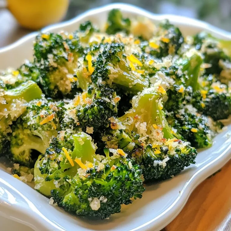 For Garlic Parmesan Roasted Broccoli, gather these ingredients: - 1 large head of broccoli, cut into bite-sized florets - 4 cloves of garlic, finely minced - 1/4 cup freshly grated Parmesan cheese - 3 tablespoons extra virgin olive oil - Zest of 1 lemon - 1 teaspoon fresh lemon juice - 1/2 teaspoon red pepper flakes (optional, for a kick) - Sea salt and freshly ground black pepper, to taste - Fresh parsley, finely chopped (for garnish) You can add red pepper flakes for heat. This gives the dish a nice kick. If you like, try using other cheeses. Feta or cheddar can change the flavor. When picking broccoli, choose a head with bright green florets. Avoid any yellowing parts. Fresh garlic adds a strong flavor. Look for firm cloves. Always use good quality olive oil for the best taste. Freshly grated cheese melts better than pre-grated. Lastly, use fresh herbs for garnish. They add color and taste. {{ingredient_image_2}} First, set your oven to 425°F (220°C). This heat helps the broccoli roast well. A hot oven gives the broccoli nice, crisp edges. Next, take a large head of broccoli and cut it into bite-sized florets. Place the florets in a big bowl. Add four cloves of finely minced garlic. Pour in three tablespoons of extra virgin olive oil. If you like spice, sprinkle half a teaspoon of red pepper flakes. Add sea salt and black pepper to taste. Toss everything together until the broccoli is well-coated. Spread the broccoli on a large baking sheet. Make sure it’s in a single layer for even roasting. Place the sheet in the oven and roast for about 15 minutes. Halfway through, stir the broccoli. This ensures it browns nicely. After 15 minutes, take it out and sprinkle 1/4 cup of freshly grated Parmesan cheese and the zest of one lemon on top. Return it to the oven for another five minutes. You want the cheese to melt and turn lightly golden. Once done, add a drizzle of fresh lemon juice for extra flavor. Toss gently to mix. Finally, garnish with finely chopped parsley for a pop of color. To get that perfect roast, start by cutting the broccoli into even florets. This helps them cook evenly. Use a large baking sheet so the broccoli isn’t crowded. When the florets have space, they get nice and crispy. Preheat your oven to a high heat of 425°F (220°C). This ensures a good roast that locks in flavor. Halfway through, stir the broccoli to help it brown all over. Look for tender stems and crispy edges when it’s done. To make the flavors pop, consider adding a squeeze of fresh lemon juice right before serving. It brightens the dish and complements the garlic well. You can also mix in some red pepper flakes for a spicy kick. If you love cheese, experiment with different types like Pecorino or a sharp cheddar. Each cheese brings a new twist to the dish. Serving your roasted broccoli well can make it even more appealing. Use a colorful platter to show off the vibrant green of the broccoli and the golden cheese. Drizzle a little extra olive oil on top for a glossy finish. For a touch of elegance, sprinkle fresh parsley over the dish. This not only adds color but also fresh flavor. Make sure to serve it hot for the best taste! Pro Tips Choose Fresh Broccoli: Always select broccoli that is bright green and firm. Avoid any that has yellowing florets or limp stems for the best flavor and texture. Even Coating: Make sure to coat the broccoli evenly with olive oil and seasonings to ensure consistent roasting and flavor throughout the dish. Adjust Cheese to Taste: Feel free to add more or less Parmesan cheese depending on your preference; you can also experiment with different cheeses for unique flavors. Perfect Roasting Time: Keep an eye on your broccoli in the oven, as cooking times may vary depending on the size of the florets and your oven's performance. Look for crispy edges and tender stems. {{image_4}} You can change the cheese for a new taste. Try using sharp cheddar for a bolder flavor. Feta cheese can add a nice tang. If you want something creamier, use mozzarella. Each cheese gives a unique twist to the dish, making it fun to experiment. Adding proteins can make this side dish a main meal. Grilled chicken or shrimp pairs well with the broccoli. You can also mix in other veggies like carrots or bell peppers for more color and flavor. Just cut them to similar sizes so they roast evenly. If you like heat, add more red pepper flakes. You can even use cayenne for a stronger kick. For a milder flavor, skip the red pepper or use less. You can also add a pinch of smoked paprika for a nice smoky touch. Adjust the spice level to fit your taste. Store leftover Garlic Parmesan Roasted Broccoli in an airtight container. This keeps it fresh and tasty. Place it in the fridge within two hours of cooking. It should stay good for up to three days. To reheat, preheat your oven to 350°F (175°C). Spread the broccoli on a baking sheet. Heat for about 10 minutes. This will help it stay crispy. You can also use a microwave. Heat in short bursts of 30 seconds. Stir in between to heat evenly. You can freeze Garlic Parmesan Roasted Broccoli. First, let it cool completely. Then, place it in a freezer-safe bag or container. Try to remove as much air as possible. It can last up to three months in the freezer. When ready to eat, thaw overnight in the fridge. Reheat as mentioned earlier. Enjoy the fresh flavors! Yes, you can use frozen broccoli. It will save you prep time. However, frozen broccoli may not get as crispy as fresh. To use it, thaw and drain the broccoli first. Pat it dry with a towel. Then, follow the same steps in the recipe. You may need to adjust the roasting time. Keep an eye on it to avoid overcooking. To make this dish dairy-free, skip the Parmesan cheese. You can use nutritional yeast for a cheesy flavor. It adds a nice umami taste. You can also try a dairy-free cheese alternative that melts. Just check that it fits your diet. The dish will still be tasty without dairy. Garlic Parmesan Roasted Broccoli pairs well with many dishes. It complements grilled chicken or fish nicely. You can also serve it with pasta or grain bowls. For a vegetarian option, try it with quinoa or rice. This broccoli dish adds flavor and color to any meal. This blog post covered the main steps to make Garlic Parmesan Roasted Broccoli. We examined ingredients, from the complete list to essential notes on quality. You learned how to roast broccoli perfectly, enhanced with tips on flavor and presentation. Variations showed how to personalize your dish with different cheeses or proteins. Finally, we discussed storage options and answered common questions. Remember, with these insights, you can create a tasty, healthy side dish that everyone will love. Now, it’s time to roast some broccoli!