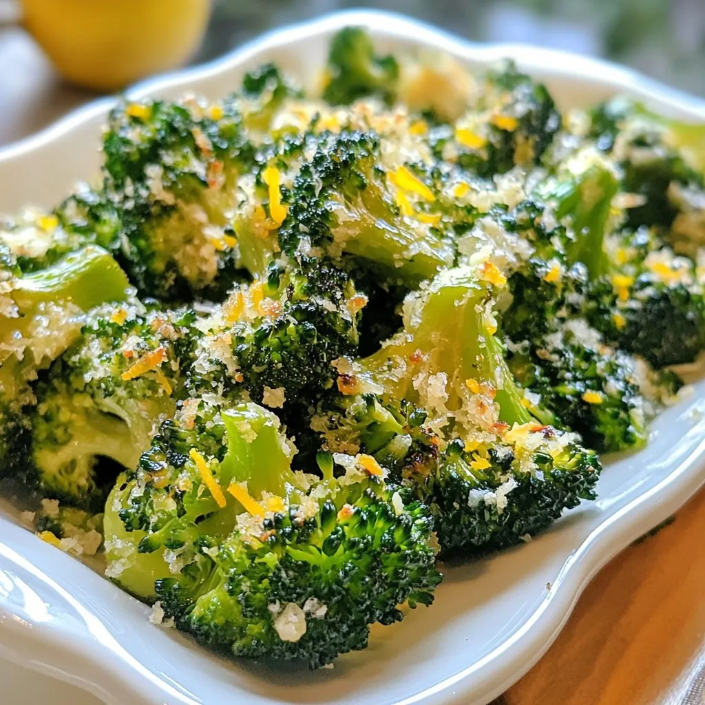 For Garlic Parmesan Roasted Broccoli, gather these ingredients: - 1 large head of broccoli, cut into bite-sized florets - 4 cloves of garlic, finely minced - 1/4 cup freshly grated Parmesan cheese - 3 tablespoons extra virgin olive oil - Zest of 1 lemon - 1 teaspoon fresh lemon juice - 1/2 teaspoon red pepper flakes (optional, for a kick) - Sea salt and freshly ground black pepper, to taste - Fresh parsley, finely chopped (for garnish) You can add red pepper flakes for heat. This gives the dish a nice kick. If you like, try using other cheeses. Feta or cheddar can change the flavor. When picking broccoli, choose a head with bright green florets. Avoid any yellowing parts. Fresh garlic adds a strong flavor. Look for firm cloves. Always use good quality olive oil for the best taste. Freshly grated cheese melts better than pre-grated. Lastly, use fresh herbs for garnish. They add color and taste. {{ingredient_image_2}} First, set your oven to 425°F (220°C). This heat helps the broccoli roast well. A hot oven gives the broccoli nice, crisp edges. Next, take a large head of broccoli and cut it into bite-sized florets. Place the florets in a big bowl. Add four cloves of finely minced garlic. Pour in three tablespoons of extra virgin olive oil. If you like spice, sprinkle half a teaspoon of red pepper flakes. Add sea salt and black pepper to taste. Toss everything together until the broccoli is well-coated. Spread the broccoli on a large baking sheet. Make sure it’s in a single layer for even roasting. Place the sheet in the oven and roast for about 15 minutes. Halfway through, stir the broccoli. This ensures it browns nicely. After 15 minutes, take it out and sprinkle 1/4 cup of freshly grated Parmesan cheese and the zest of one lemon on top. Return it to the oven for another five minutes. You want the cheese to melt and turn lightly golden. Once done, add a drizzle of fresh lemon juice for extra flavor. Toss gently to mix. Finally, garnish with finely chopped parsley for a pop of color. To get that perfect roast, start by cutting the broccoli into even florets. This helps them cook evenly. Use a large baking sheet so the broccoli isn’t crowded. When the florets have space, they get nice and crispy. Preheat your oven to a high heat of 425°F (220°C). This ensures a good roast that locks in flavor. Halfway through, stir the broccoli to help it brown all over. Look for tender stems and crispy edges when it’s done. To make the flavors pop, consider adding a squeeze of fresh lemon juice right before serving. It brightens the dish and complements the garlic well. You can also mix in some red pepper flakes for a spicy kick. If you love cheese, experiment with different types like Pecorino or a sharp cheddar. Each cheese brings a new twist to the dish. Serving your roasted broccoli well can make it even more appealing. Use a colorful platter to show off the vibrant green of the broccoli and the golden cheese. Drizzle a little extra olive oil on top for a glossy finish. For a touch of elegance, sprinkle fresh parsley over the dish. This not only adds color but also fresh flavor. Make sure to serve it hot for the best taste! Pro Tips Choose Fresh Broccoli: Always select broccoli that is bright green and firm. Avoid any that has yellowing florets or limp stems for the best flavor and texture. Even Coating: Make sure to coat the broccoli evenly with olive oil and seasonings to ensure consistent roasting and flavor throughout the dish. Adjust Cheese to Taste: Feel free to add more or less Parmesan cheese depending on your preference; you can also experiment with different cheeses for unique flavors. Perfect Roasting Time: Keep an eye on your broccoli in the oven, as cooking times may vary depending on the size of the florets and your oven's performance. Look for crispy edges and tender stems. {{image_4}} You can change the cheese for a new taste. Try using sharp cheddar for a bolder flavor. Feta cheese can add a nice tang. If you want something creamier, use mozzarella. Each cheese gives a unique twist to the dish, making it fun to experiment. Adding proteins can make this side dish a main meal. Grilled chicken or shrimp pairs well with the broccoli. You can also mix in other veggies like carrots or bell peppers for more color and flavor. Just cut them to similar sizes so they roast evenly. If you like heat, add more red pepper flakes. You can even use cayenne for a stronger kick. For a milder flavor, skip the red pepper or use less. You can also add a pinch of smoked paprika for a nice smoky touch. Adjust the spice level to fit your taste. Store leftover Garlic Parmesan Roasted Broccoli in an airtight container. This keeps it fresh and tasty. Place it in the fridge within two hours of cooking. It should stay good for up to three days. To reheat, preheat your oven to 350°F (175°C). Spread the broccoli on a baking sheet. Heat for about 10 minutes. This will help it stay crispy. You can also use a microwave. Heat in short bursts of 30 seconds. Stir in between to heat evenly. You can freeze Garlic Parmesan Roasted Broccoli. First, let it cool completely. Then, place it in a freezer-safe bag or container. Try to remove as much air as possible. It can last up to three months in the freezer. When ready to eat, thaw overnight in the fridge. Reheat as mentioned earlier. Enjoy the fresh flavors! Yes, you can use frozen broccoli. It will save you prep time. However, frozen broccoli may not get as crispy as fresh. To use it, thaw and drain the broccoli first. Pat it dry with a towel. Then, follow the same steps in the recipe. You may need to adjust the roasting time. Keep an eye on it to avoid overcooking. To make this dish dairy-free, skip the Parmesan cheese. You can use nutritional yeast for a cheesy flavor. It adds a nice umami taste. You can also try a dairy-free cheese alternative that melts. Just check that it fits your diet. The dish will still be tasty without dairy. Garlic Parmesan Roasted Broccoli pairs well with many dishes. It complements grilled chicken or fish nicely. You can also serve it with pasta or grain bowls. For a vegetarian option, try it with quinoa or rice. This broccoli dish adds flavor and color to any meal. This blog post covered the main steps to make Garlic Parmesan Roasted Broccoli. We examined ingredients, from the complete list to essential notes on quality. You learned how to roast broccoli perfectly, enhanced with tips on flavor and presentation. Variations showed how to personalize your dish with different cheeses or proteins. Finally, we discussed storage options and answered common questions. Remember, with these insights, you can create a tasty, healthy side dish that everyone will love. Now, it’s time to roast some broccoli!