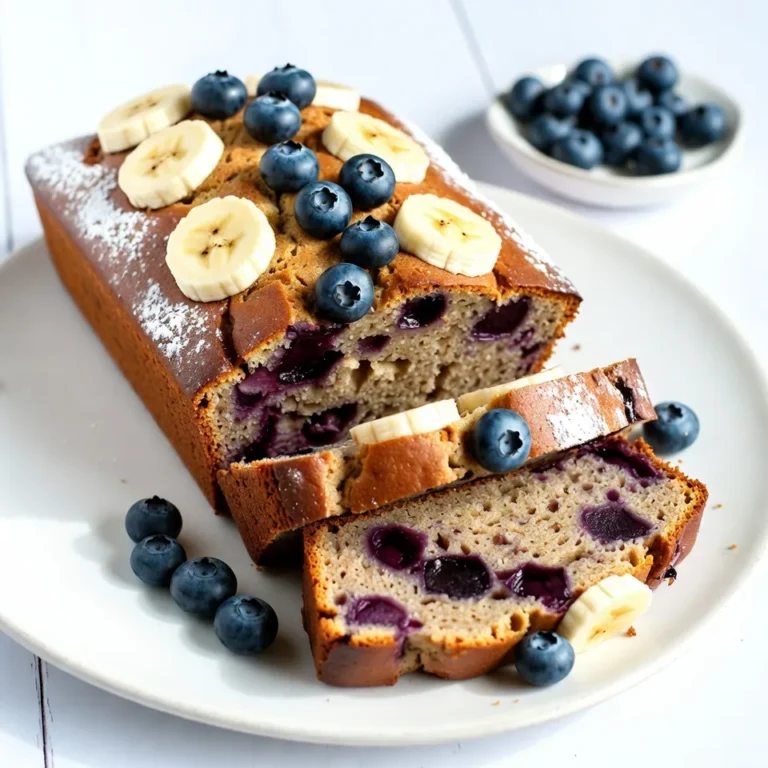- 3 ripe bananas, thoroughly mashed - 1 cup fresh blueberries (adjust for frozen if needed) - 1/2 cup unsalted butter, softened - 3/4 cup granulated sugar - 2 large eggs, at room temperature - 1 teaspoon pure vanilla extract - 1 teaspoon baking soda - 1/2 teaspoon baking powder - 1/4 teaspoon salt - 1 1/2 cups all-purpose flour - Optional: 1/2 teaspoon ground cinnamon To make blueberry banana bread, you need ripe bananas. They add sweetness and moisture. Fresh blueberries burst with flavor. If you can't find fresh, frozen works too. Use unsalted butter for a rich taste. Granulated sugar sweetens the bread nicely. Eggs help bind the ingredients and add fluffiness. Pure vanilla extract gives a warm, inviting aroma. Baking soda and baking powder help the bread rise. Salt balances the sweetness. All-purpose flour gives the right texture. If you love spice, add ground cinnamon for warmth. Each ingredient plays a key role in crafting a moist, tasty loaf. - Calories per serving: About 180 - Total fat: 7g - Carbohydrates: 26g - Protein: 2g Blueberries and bananas are not just tasty. They also pack a nutritious punch. Blueberries are rich in antioxidants. They support heart health and may boost memory. Bananas provide potassium and fiber. They help with digestion and keep you full. Enjoy this bread knowing it offers both flavor and health benefits. {{ingredient_image_2}} - Preheat oven to 350°F (175°C) - Grease or line a 9x5 inch loaf pan First, I start by preheating my oven to 350°F (175°C). This step warms the oven for even baking. Next, I prepare a 9x5 inch loaf pan. I grease it lightly with butter or use parchment paper. This helps the bread come out easily after baking. - Mash ripe bananas - Combine bananas with butter, sugar, eggs, and vanilla Now, I take three ripe bananas. I mash them in a large bowl until smooth. You can use a fork or a potato masher. Then, I add half a cup of softened butter to the mashed bananas. I mix them until creamy. Next, I add three-quarters of a cup of sugar, two large eggs, and one teaspoon of vanilla extract. I blend everything well until smooth. - Mix dry ingredients separately - Incorporate dry mix into wet mixture In another bowl, I whisk together the dry ingredients. This includes one and a half cups of all-purpose flour, one teaspoon of baking soda, half a teaspoon of baking powder, and a quarter teaspoon of salt. If I want extra warmth, I add half a teaspoon of ground cinnamon. Once mixed, I gradually add the dry ingredients to the wet mixture. I stir gently until just combined. It’s okay if there are a few lumps. - Fold in blueberries - Transfer to pan and bake for 60-70 minutes Finally, I fold in one cup of fresh blueberries. I make sure they spread evenly in the batter. Then, I pour the batter into the prepared loaf pan. I smooth the top with a spatula. I place the pan in the oven and bake for 60 to 70 minutes. Around the 55-minute mark, I check for doneness. I insert a toothpick into the center. It should come out clean or with a few moist crumbs. After baking, I let the bread cool in the pan for about 10 minutes. Then, I transfer it to a wire rack to cool completely. To make the best banana bread, avoid over-mixing the batter. Mix just enough so the flour blends in. This keeps your bread soft and fluffy. Also, use room temperature eggs. They mix in better and help create a nice texture. You might want to add ground cinnamon for warmth. It gives the bread a cozy taste. If you want to change the sweetness, try using honey or maple syrup instead of granulated sugar. This can add a unique flavor twist. When slicing your banana bread, aim for even pieces. Arrange them on a rustic wooden board for an inviting look. For a pop of color, garnish with fresh blueberries and banana slices. A light dusting of powdered sugar adds sweetness and makes it look fancy. Pro Tips Use Overripe Bananas: The riper the bananas, the sweeter and more flavorful your bread will be. Look for bananas with brown spots for the best results. Don't Overmix: When combining the wet and dry ingredients, mix until just combined. Overmixing can lead to a dense bread texture. Experiment with Spices: Adding spices like nutmeg or ginger along with cinnamon can enhance the flavor profile and add warmth to your bread. Storage Tips: Store the banana bread in an airtight container at room temperature for up to 3 days or refrigerate for longer freshness. You can also freeze slices for up to 3 months. {{image_4}} You can make a few simple swaps in this recipe. One great option is to use applesauce instead of butter. This change cuts down on fat and adds some natural sweetness. You can also try whole wheat flour. This makes your banana bread healthier while still tasting great. Want to change the taste? Adding nuts like walnuts or pecans gives a nice crunch. You can also infuse the bread with warm spices like nutmeg or allspice. These spices add a cozy flavor that pairs well with the sweetness of the bananas and blueberries. If you need gluten-free options, use gluten-free flour instead of all-purpose flour. This keeps your bread light and tasty. For a vegan twist, replace the eggs with flaxseed meal mixed with water. You can also use coconut oil or more applesauce instead of butter. These swaps let everyone enjoy this delicious treat! To keep your blueberry banana bread fresh, wrap it well. Use plastic wrap or aluminum foil. This helps prevent it from drying out. You can also store it in an airtight container. It stays tasty for about 3-4 days at room temperature. If you want to keep it longer, refrigeration is an option. However, this may change its texture slightly. Freezing is a great way to save banana bread for later. First, let the bread cool completely. Then, wrap it tightly in plastic wrap. Follow this with a layer of aluminum foil. This double wrap keeps it safe from freezer burn. You can freeze banana bread for up to 3 months. When you’re ready to enjoy it, thaw the bread in the fridge overnight. For a warm treat, you can reheat it in the oven. Set the oven to 350°F (175°C) and bake for 10-15 minutes. This revives its soft texture and enhances the flavor. To know if your blueberry banana bread is done, use the toothpick test. Insert a toothpick into the center of the bread. If it comes out clean or has a few moist crumbs, your bread is ready. I suggest checking around 55 minutes of baking time. This way, you avoid overbaking. Remember, the bread will continue to cook a little after you take it out. Yes, you can use frozen blueberries. They work well in this recipe. When using frozen blueberries, do not thaw them. Adding them straight from the freezer helps keep the batter cold. This prevents the berries from bleeding too much color and juice into the bread. Just gently fold them in for the best results. Blueberry banana bread lasts about 3 to 4 days at room temperature. Store it in an airtight container. If you refrigerate it, it can last up to a week. The cold helps keep it fresh for longer. Just remember to let it sit at room temperature before serving for the best taste. This blog post covers everything you need for perfect blueberry banana bread. We started with key ingredients, highlighting ripe bananas and fresh blueberries for the best taste. Then, I detailed easy steps for mixing and baking. Tips on flavor enhancement and variations help you get creative with your loaf. Remember to store it right to keep it fresh. With these tips, you can make a delicious, homemade treat that impresses everyone. Enjoy your baking adventure!