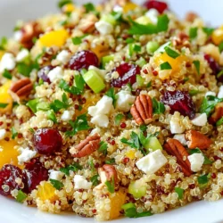 - 1 cup quinoa, thoroughly rinsed - 2 cups water - 1 cup fresh or dried cranberries - Zest and juice of 1 orange - 1/2 cup pecans, coarsely chopped - 1/2 cup feta cheese, crumbled (optional for a vegan version) - 1/4 cup green onions, thinly sliced - 1/4 cup fresh parsley, finely chopped - 3 tablespoons extra virgin olive oil - Salt and pepper to taste Using these fresh ingredients makes the salad pop with color and flavor. Quinoa is a great base. It is light and packed with protein. Cranberries add a sweet tang. The orange zest and juice bring brightness. Pecans add crunch. Feta cheese, if you choose to use it, gives a creamy texture. Green onions and parsley provide freshness. Extra virgin olive oil enhances the taste. Salt and pepper tie all the flavors together. This mix creates a balanced dish that is satisfying and fun to eat. Do not skip rinsing the quinoa. It removes bitterness. Fresh or dried cranberries work well. Choose what you like best. If you want a vegan salad, just leave out the feta. Gather these ingredients to make a vibrant and tasty salad. It is perfect for lunch or as a side dish. Enjoy the bright flavors and healthy benefits in every bite! {{ingredient_image_2}} - Start by boiling 2 cups of water in a medium pot. - Add 1 cup of rinsed quinoa to the boiling water. - Cover the pot and reduce the heat to low. - Let it simmer for about 15 minutes. - The quinoa should become tender and fluffy. - Once cooked, remove the pot from the heat. - Let the quinoa cool in the pot for about 10 minutes. - While the quinoa cools, grab a small bowl. - Combine the juice and zest of 1 orange. - Add 3 tablespoons of olive oil, salt, and pepper. - Whisk the mixture until it is well blended. - Taste it and adjust the seasoning if needed. - In a large bowl, add the cooled quinoa. - Mix in 1 cup of cranberries and 1/2 cup of chopped pecans. - Add 1/4 cup of sliced green onions and 1/4 cup of chopped parsley. - Toss everything gently to combine the ingredients. - Pour the dressing over the quinoa mixture. - Use a spatula or large spoon to toss the salad. - Make sure all the ingredients are coated with the dressing. - Let the salad sit for at least 30 minutes. - This allows the flavors to blend nicely. - If you want, sprinkle some crumbled feta on top before serving. To avoid mushy quinoa, rinse it well. This removes a bitter coating called saponin. Use a fine mesh strainer for this step. Rinse under cold water for about 1-2 minutes. This helps each grain stay separate when cooked. Cook your quinoa in a medium saucepan. Use 2 cups of water for every cup of quinoa. Bring the water to a boil first, then add the rinsed quinoa. Cover and reduce heat to low. Let it simmer gently for about 15 minutes. Once cooked, remove it from heat and let it cool for 10 minutes. This extra cooling time helps the grains fluff up nicely. To make this salad shine, consider adding spices or herbs. A pinch of cumin can bring warmth. Fresh herbs like mint or basil can add a fresh twist, too. Experiment with flavors that you love. If you want a sweeter taste, try adding honey or maple syrup. Just a drizzle can balance the tangy orange juice. This makes the salad more enjoyable for those who like sweeter dishes. Serve the salad in a large bowl for a beautiful display. You can layer the ingredients for a colorful look. Garnish with extra parsley or orange slices. This adds a pop of color and makes the dish more appealing. For a fun touch, consider using small jars for individual servings. This makes it easy for guests to grab their own. Plus, it looks cute on a table! Pro Tips Toast the Pecans: Lightly toasting the pecans in a dry skillet for a few minutes enhances their flavor and adds a delightful crunch to the salad. Use Fresh Cranberries: If using fresh cranberries, consider lightly cooking them with a bit of sugar and water until they burst for a sweeter and juicier addition. Make it Ahead: This salad can be made a day in advance. Just hold off on adding the feta cheese until you're ready to serve for the best texture. Experiment with Add-ins: Feel free to customize the salad by adding other ingredients like diced apples, pomegranate seeds, or even a touch of cinnamon for extra flavor. {{image_4}} You can easily make this salad vegan. Just skip the feta cheese. Instead, try using avocado for creaminess. You can also add nutritional yeast for a cheesy flavor without dairy. For protein, use nuts or seeds. Almonds or sunflower seeds work great. They add crunch and boost nutrition. Seasonal fruits can make your salad even better. Try adding diced apples or fresh pomegranates. They bring a sweet and tart flavor to the dish. You can also switch nuts based on what you find. Walnuts or hazelnuts are great choices in fall. They add a rich taste and texture. Different dressings can change the entire flavor of your salad. Balsamic vinegar gives a sweet touch. Mix it with olive oil for a rich taste. You can also use yogurt-based dressings for a creamy feel. They add a tangy twist and balance the salad's sweetness. To keep your cranberry orange quinoa salad fresh, store it in an airtight container. Place the container in the fridge. This will help the salad stay crisp and tasty. You can keep it for up to three days. After that, the flavors may fade, and the ingredients will not be as fresh. You can freeze quinoa salad, but it may change the texture. I recommend freezing it without the dressing. This way, the salad holds its shape. When you are ready to eat, let it thaw in the fridge overnight. To revive the flavors, add fresh dressing after thawing. You can also mix in fresh herbs or nuts for extra texture. Enjoy your salad at its best by following these tips! Yes, you can prepare this salad in advance. Cook the quinoa and let it cool. Mix the other ingredients and store them in the fridge. Just add the dressing before serving. This lets the flavors blend well. I recommend making it up to a day ahead. If you need a substitute for quinoa, there are great options. You can use brown rice or farro for a nice texture. For a gluten-free choice, try using millet or even cauliflower rice. Each will add a different taste but will still be delicious. Serving this salad is easy and fun. Place it in a large bowl for everyone to enjoy. Garnish with fresh parsley and orange slices for color. Pair it with grilled chicken or fish for a complete meal. It’s also great as a side dish at gatherings. This quinoa salad combines fresh flavors and healthy ingredients into a perfect dish. You learned how to cook quinoa, create a zesty dressing, and combine the ingredients. Tips for cooking and presentation can help make it your own. Remember, you can adjust flavors and substitute ingredients based on your taste or seasonality. Enjoy the freshness and nutrition of this salad, knowing you made it with care. This dish is not just a side; it's a delightful addition to any meal.